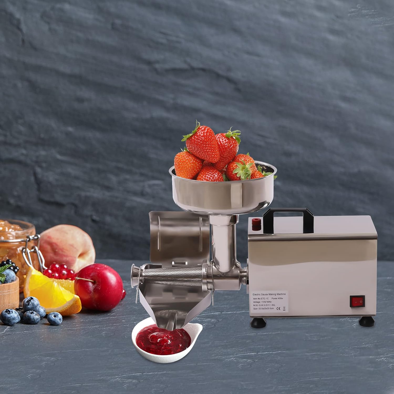 450W Electric Tomato Strainer, 304 Stainless Steel Tomato Mill Machine with Dia 4.8" Funnel, 50 Kg/H Pure Copper