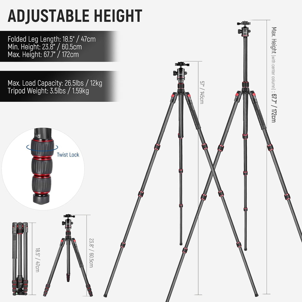 66"/168cm Carbon Fiber Camera Tripod with 360° Ball Head, N55C | Panorama, 1/4" Arca QR Plate, Portable Bag, Compact