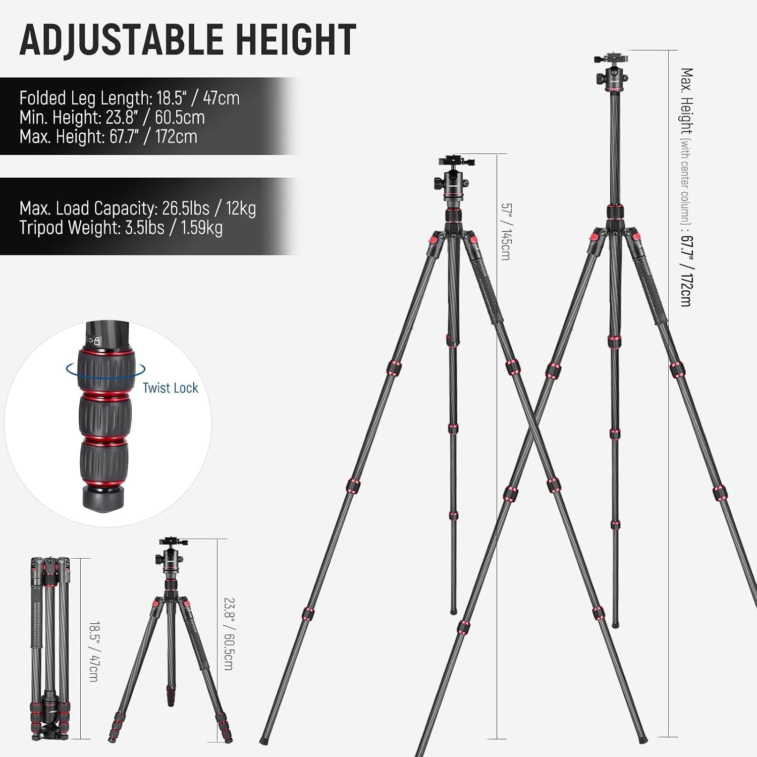 66"/168cm Carbon Fiber Camera Tripod with 360° Ball Head, N55C | Panorama, 1/4" Arca QR Plate, Portable Bag, Compact