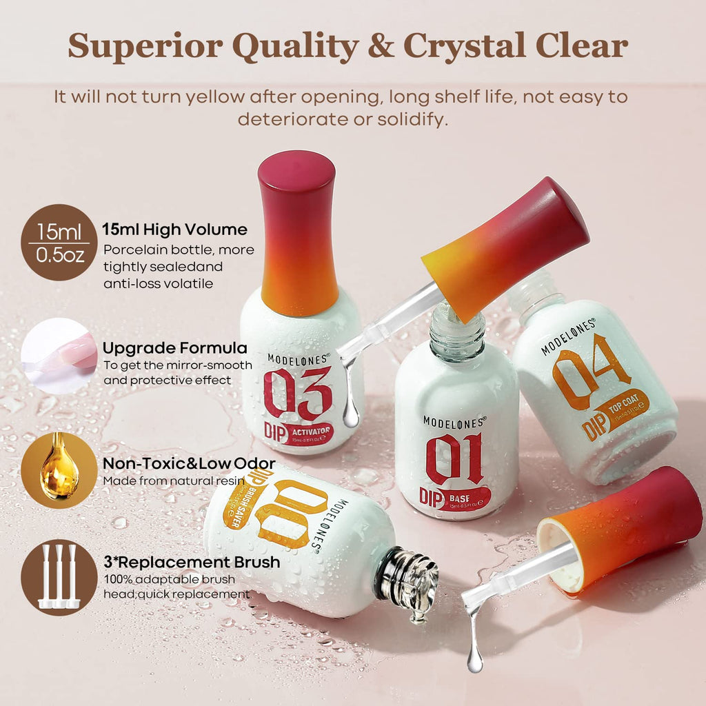 Dip Powder Liquid Set, Base Top Activator Brush Saver, 8 Pc