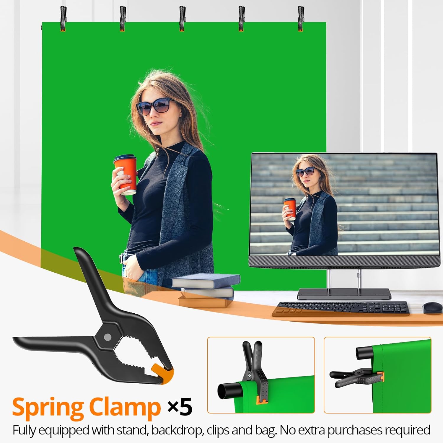Green Screen Backdrop Kit 5x7 ft with Foldable T-Shaped Stand | Portable Greenscreen Background with 5 Clamps