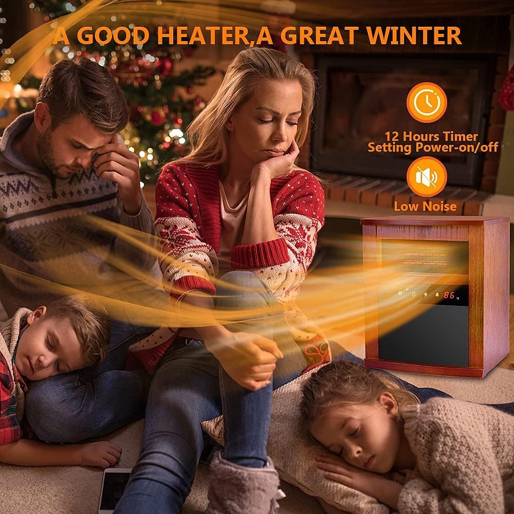 Electric Space Heater, 1500W Infrared Heater w/ 3 Heating Mode, Thermostat, Remote Control & 12h Timer, Small