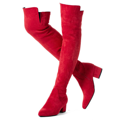 Women Over the Knee Boots Red Size 9 Winter Suede Low 2Inch Heel Thigh High Block Chunky Above knee Designer Ladies