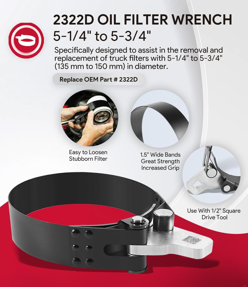 2322D Heavy-Duty Oil Filter Wrench, 5-1/4" to 5-3/4", Use with 1/2" Square Drive, Air Dryer Diesel Truck Large Oil