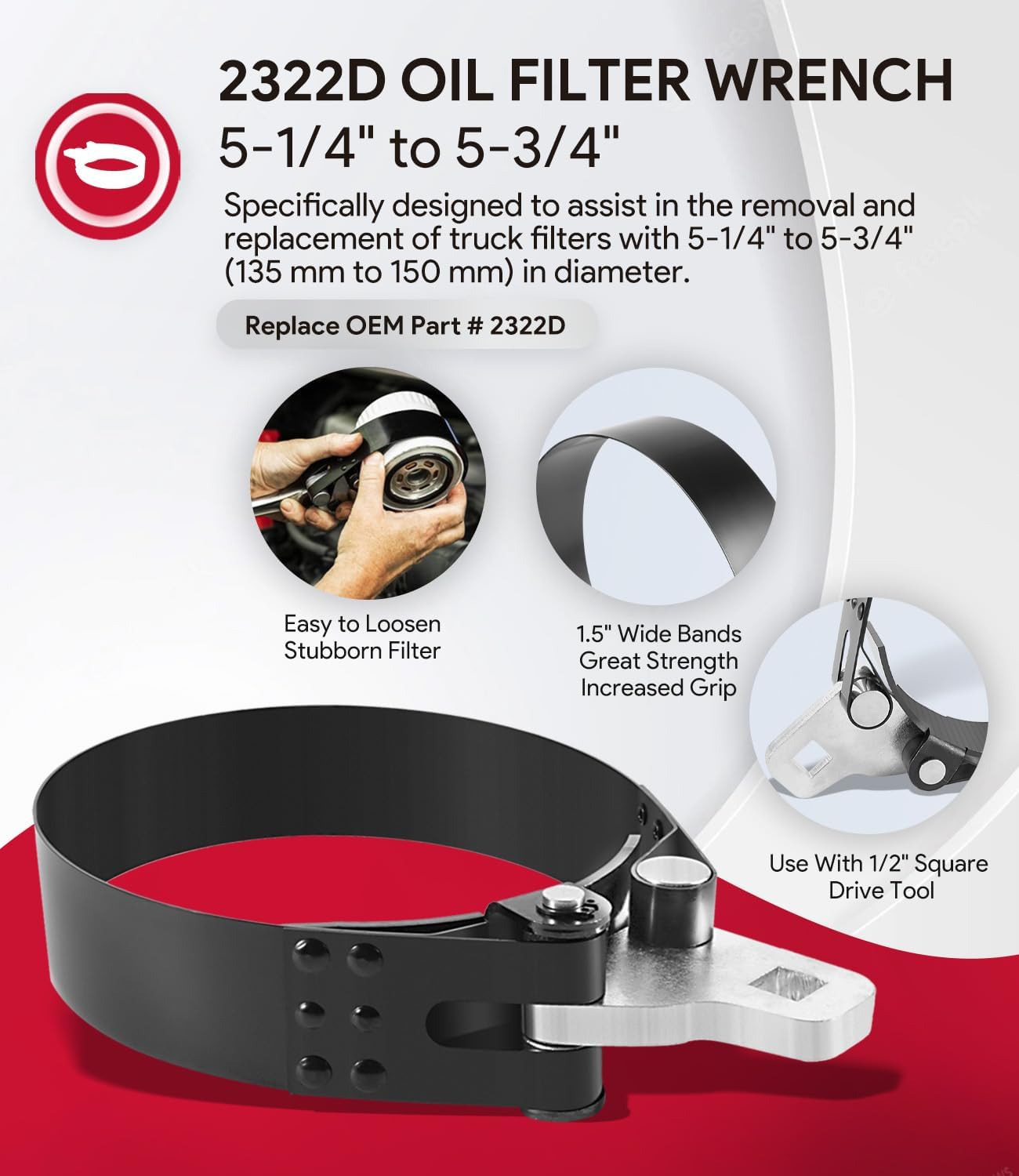 2322D Heavy-Duty Oil Filter Wrench, 5-1/4" to 5-3/4", Use with 1/2" Square Drive, Air Dryer Diesel Truck Large Oil