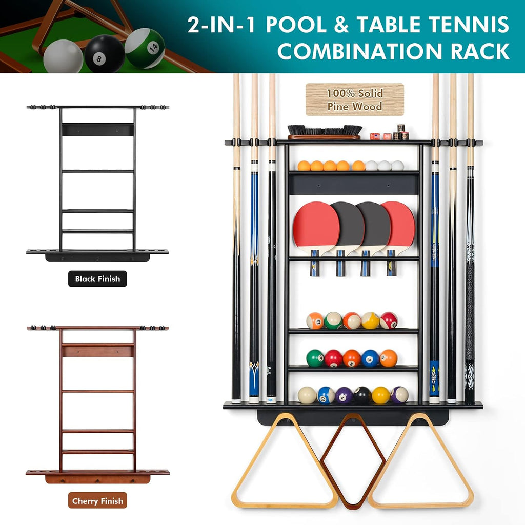 Pool Cue Rack Wall Mount, Billiard & Ping Pong Paddle Storage Organizer | 2-in-1 Game Room Organizer Holds 6 Pool