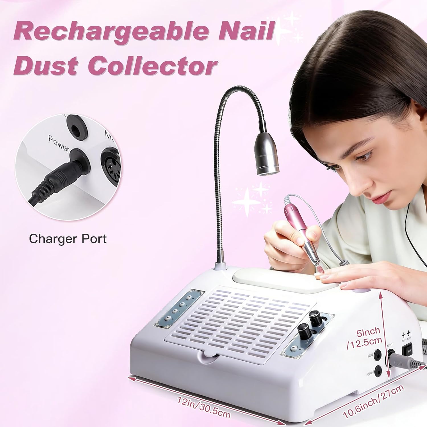 5-in-1 Nail Dust Collector, 30000RPM Drill & UV LED Lamp | 80W Suction, 30,000 RPM Drill, Sual-Power 48W/96W Curing