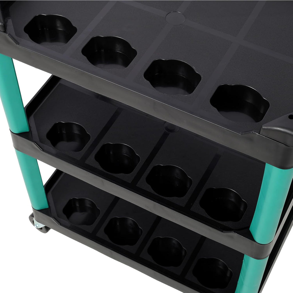 3-Tier Rolling Utility Cart with Pegboard & Hooks, Heavy-Duty Mobile Tool Storage Organizer with 12 Bottle Holders