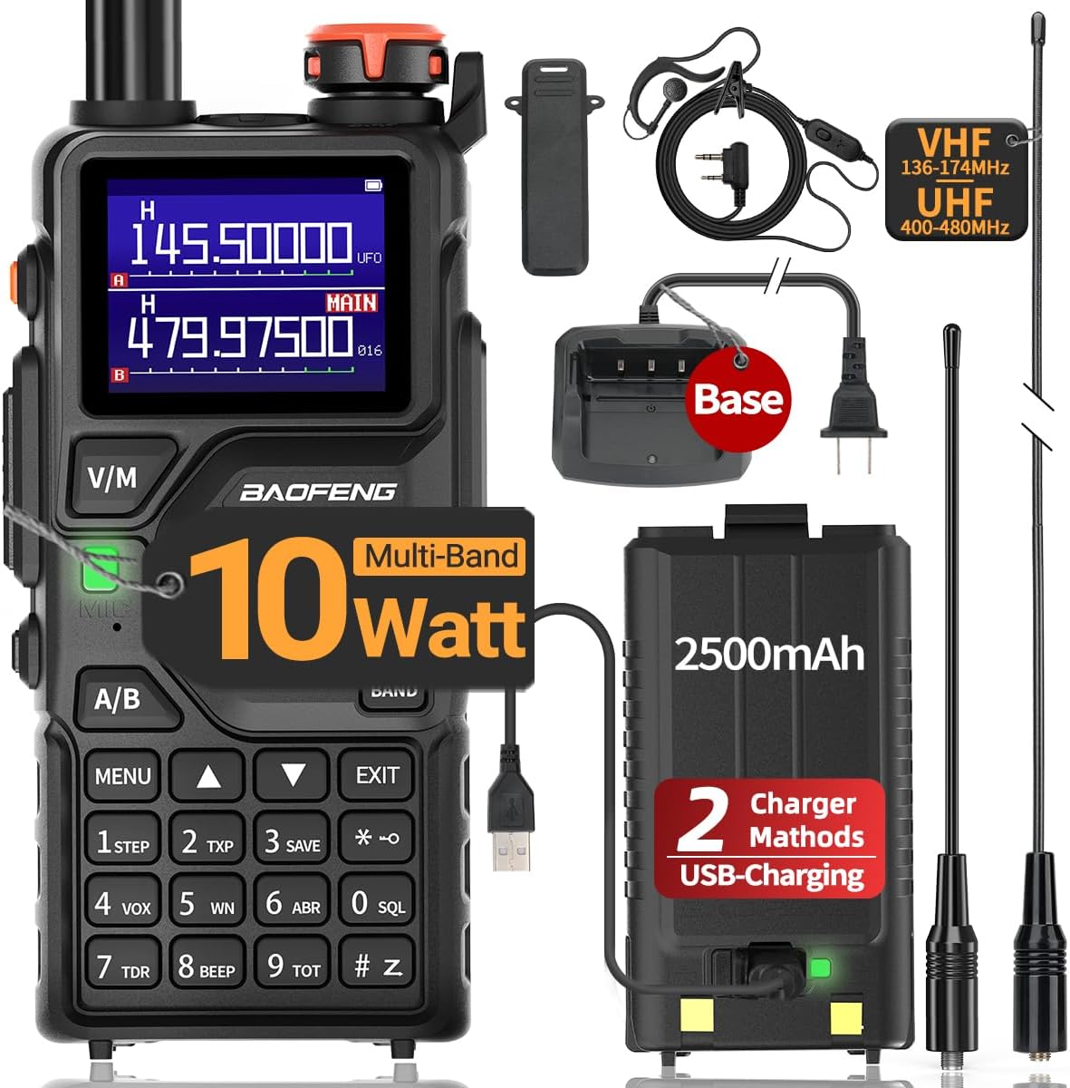 K5PLUS Radio Ham Radio 10W Rechargeable Walkie Talkies Long Range UV32 5RM Handheld Two Way Radio NOAA Weather Radio