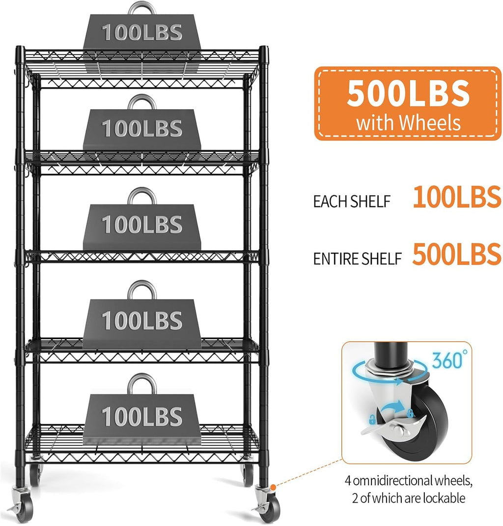 Wire Shelving, 1900lbs Capacity 5 Tier Heavy Duty NSF Wire Shelf with Rolling Wheels Black Metal Storage Shelves