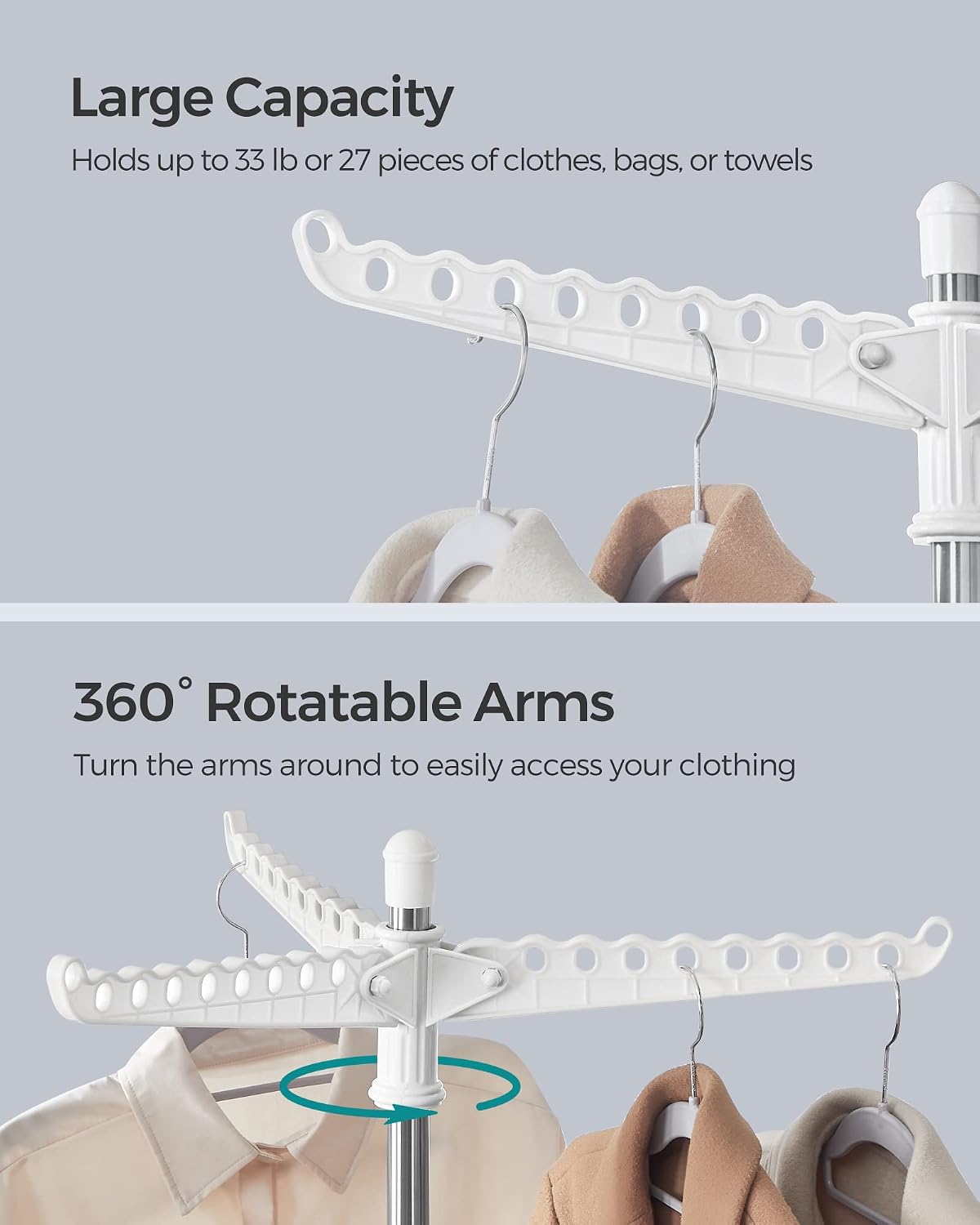 Clothes Drying Rack, 59-Inch Folding Laundry Drying Rack with 3 Rotatable Arms for Hangers, 4 Legs, Stainless Steel