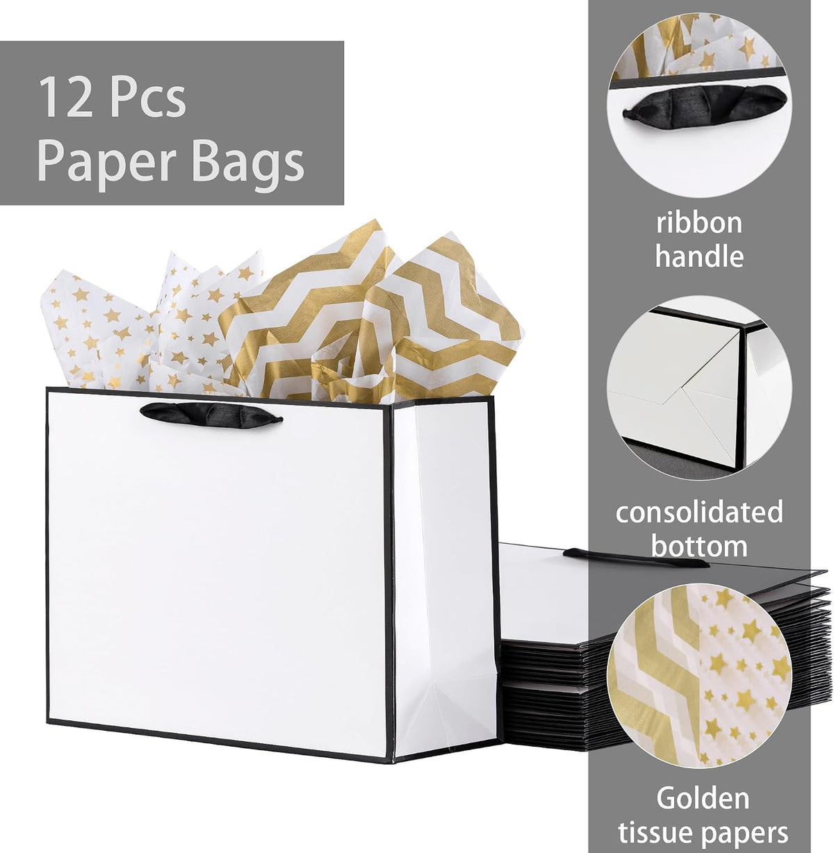 12 PCS Extra Large Gift Bags with Black Frame & 10 Tissue Papers