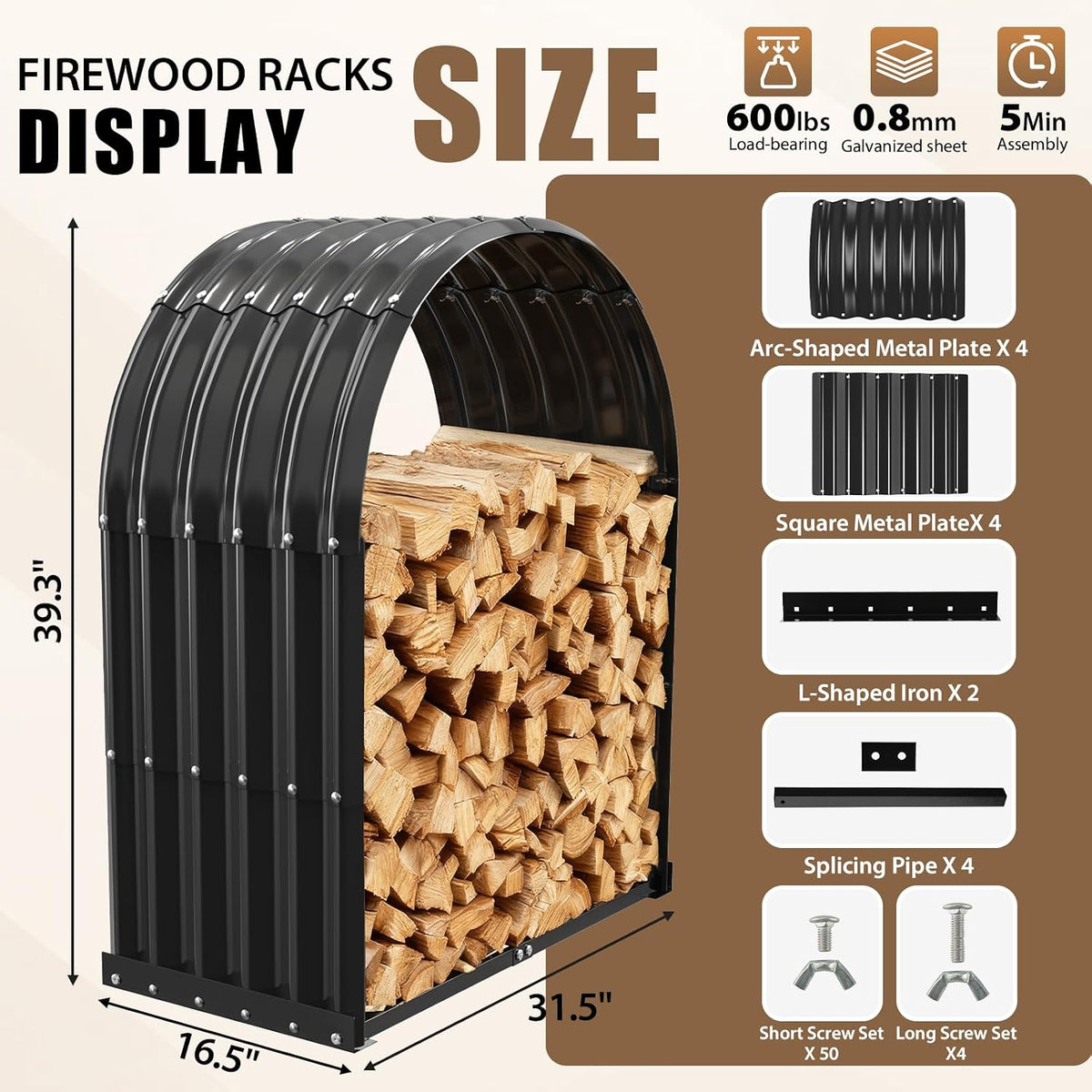 Heavy-Duty Black Firewood Storage Shed with Round Roof Outdoor/Indoor | Smooth Surface Painted,Rainproof and