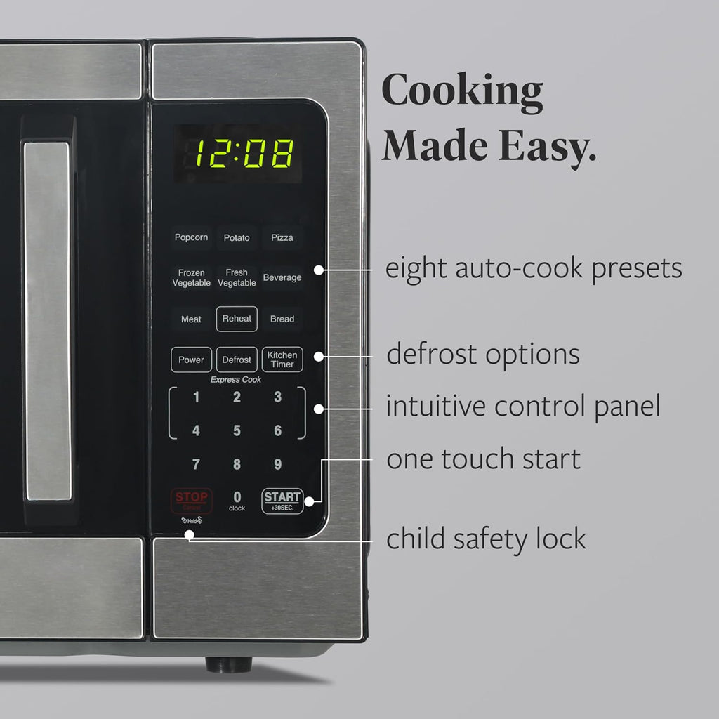 0.9 Cu. Ft. Countertop Microwave Oven – 900 Watts Power, Auto Cook Settings, Defrost, Easy Clean and Child Safety