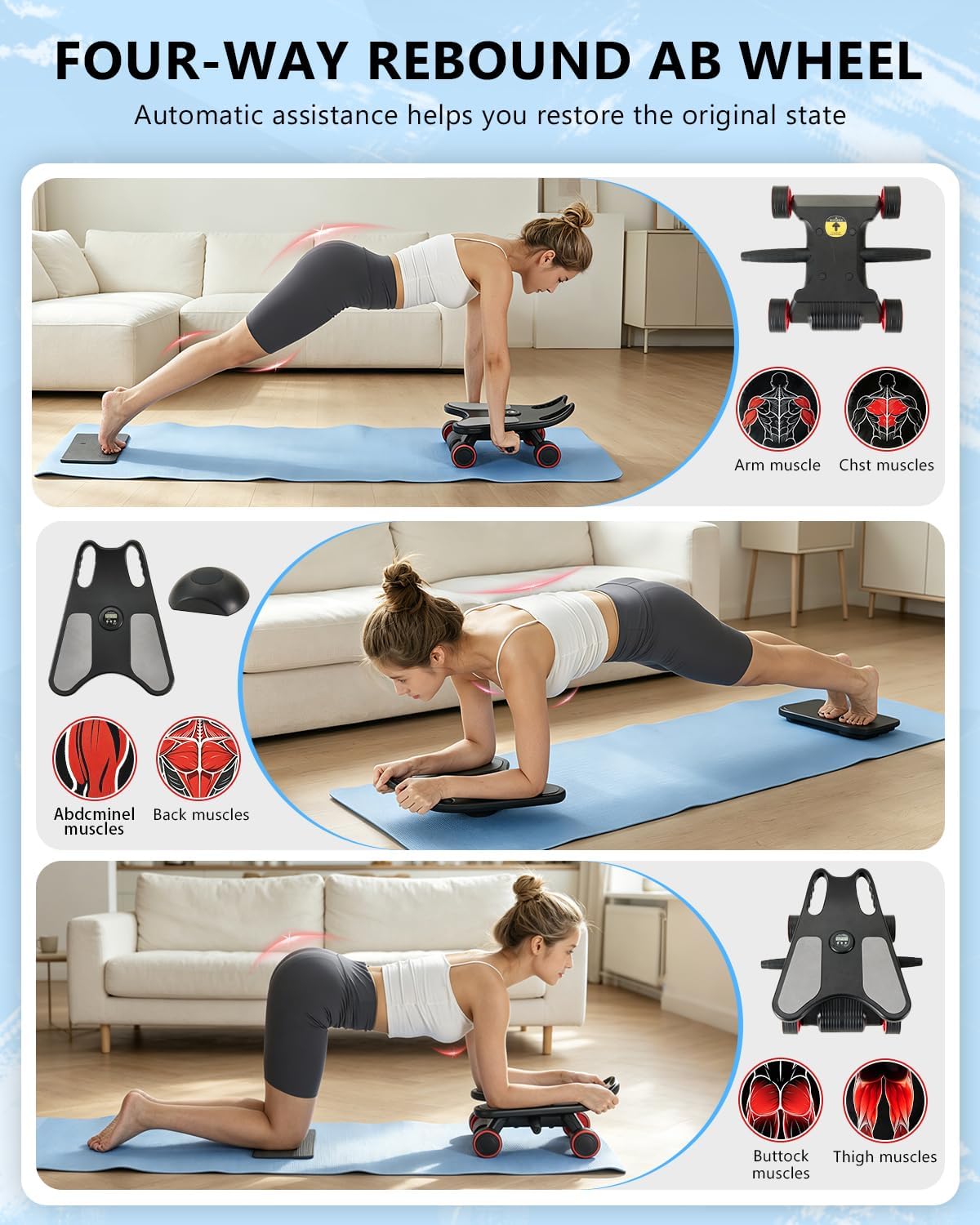Ab Roller Wheel, Ab Roller, Upgraded Automatic Rebound Ab Roller with Elbow Support, Knee Mat & Timer, 4 Wheels Ab
