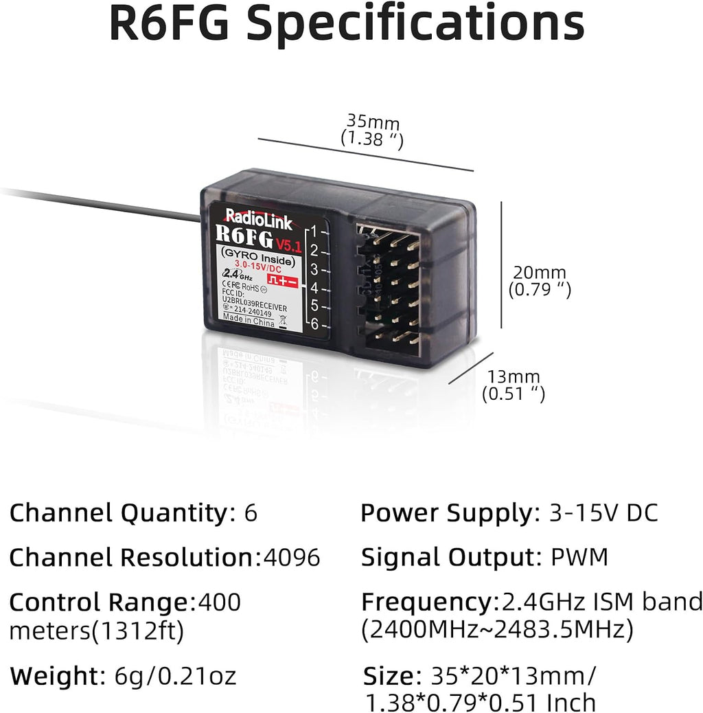 R6FG 6 Channels 2.4G RC Gyro Receiver Long Range Control for Car | for Vehicle Drifting/Crawler/Truck/Boat Works with