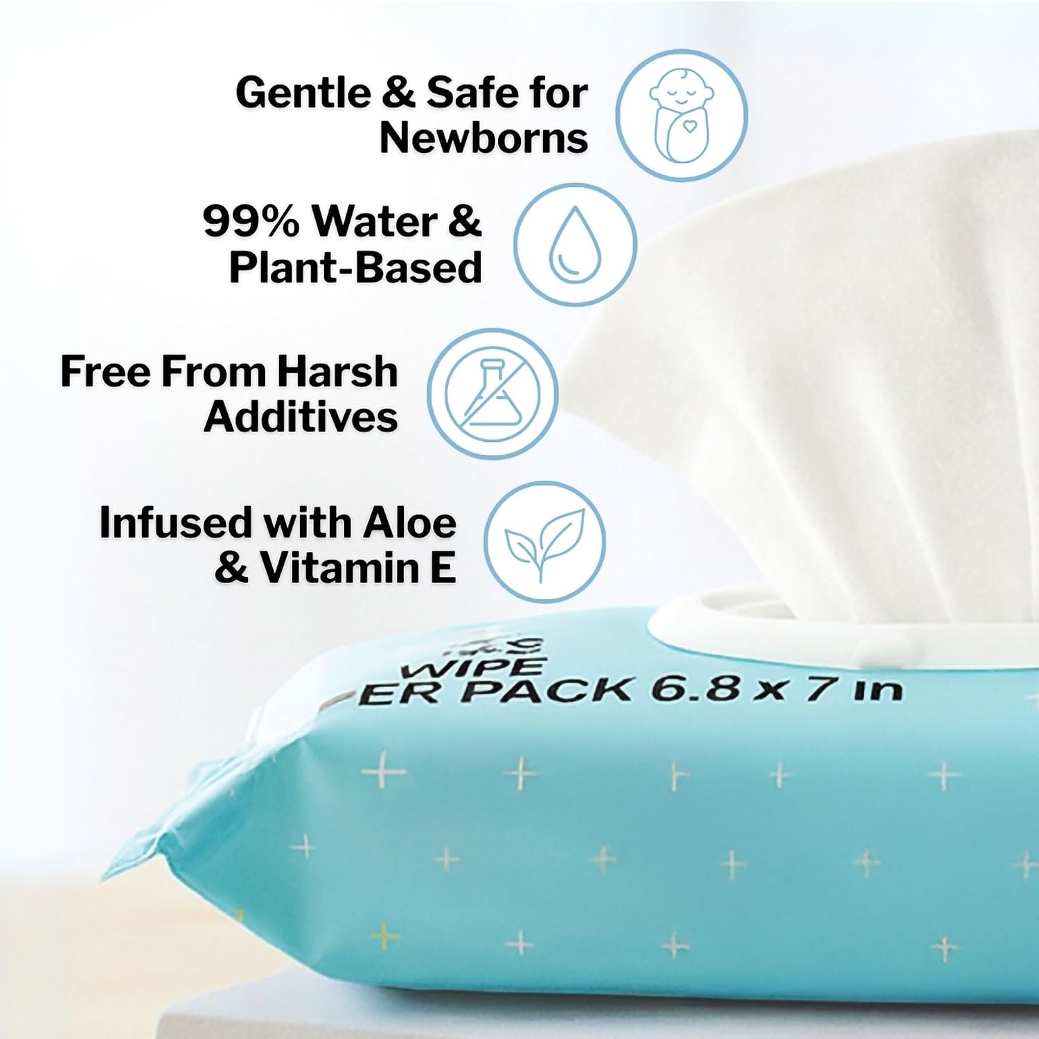 Baby Wipe with Aloe and Vitamin, 6.8 x 7 in, 72 Wipes, 72 per Pack | 99% Water, Flip-Top Lid, Alcohol-Free