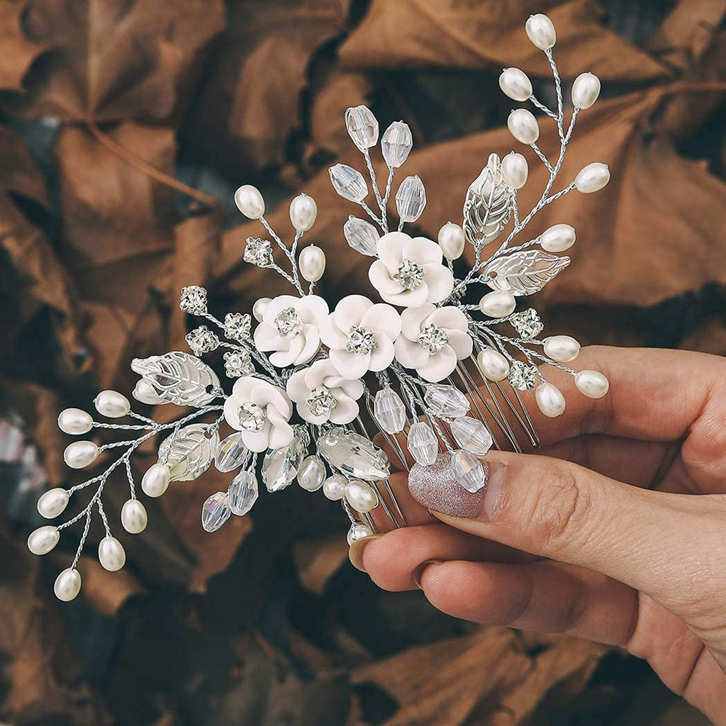 Flower Bride Wedding Hair Comb Leaf Silver Bridal Headpiece Pearl Hair Accessories Crystal Hair Piece Jewelry for