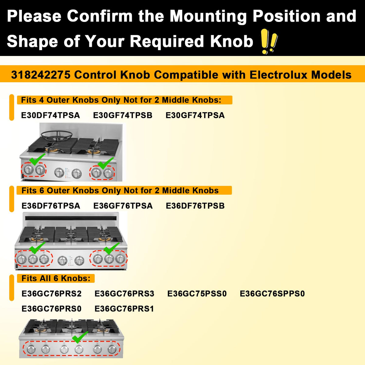 Range Control Knob Replacement Compatible with Electrolux Cooktop E30DF74TPSA E30GF74TPSA E30GF74TPSB E36DF76TPSB Gas Range Knob Replace#: 318242275 3513943 AP5809411 PS9495232 EAP9495232