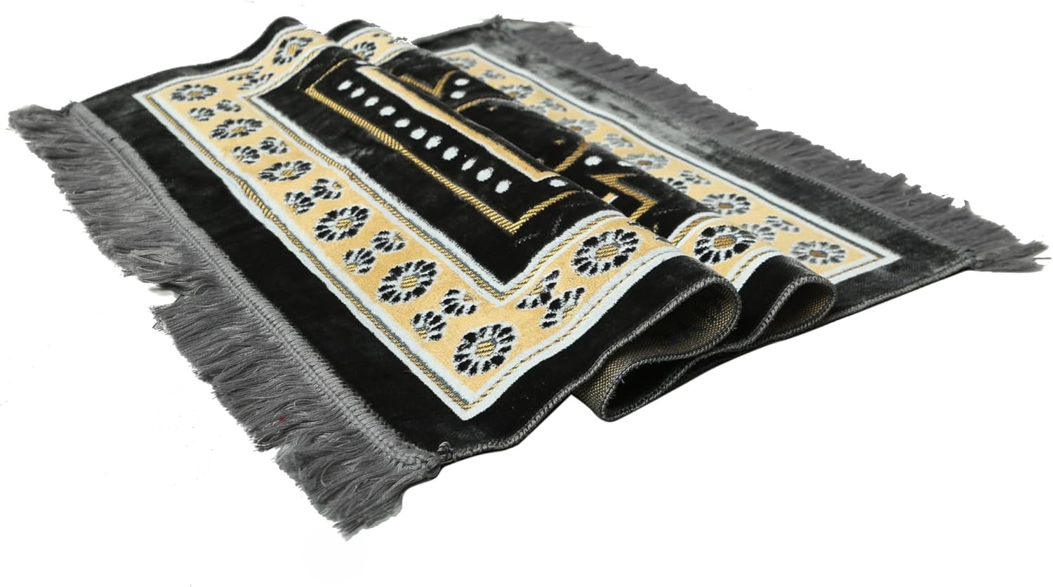 Turkish Muslim Prayer Rug, Mat with Beads for Men Women, Ramadan Hajj Gift (Gray)
