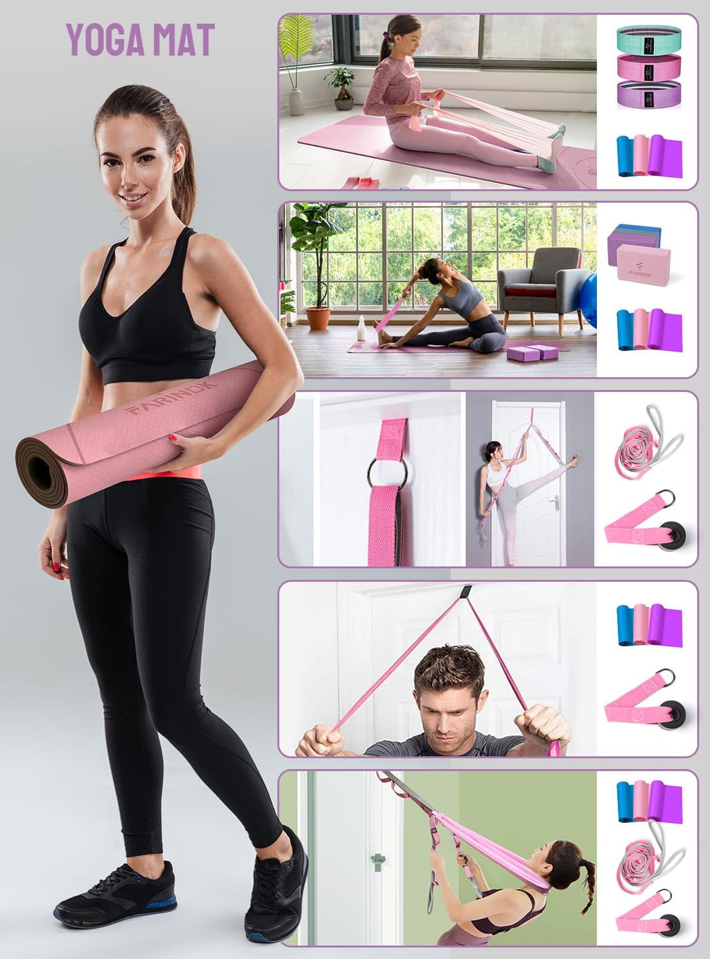 1/3 Yoga Mat Thick, Yoga Set for Beginners Include High Density Mat with Multi-loops Strap, Blocks, Booty Resistance