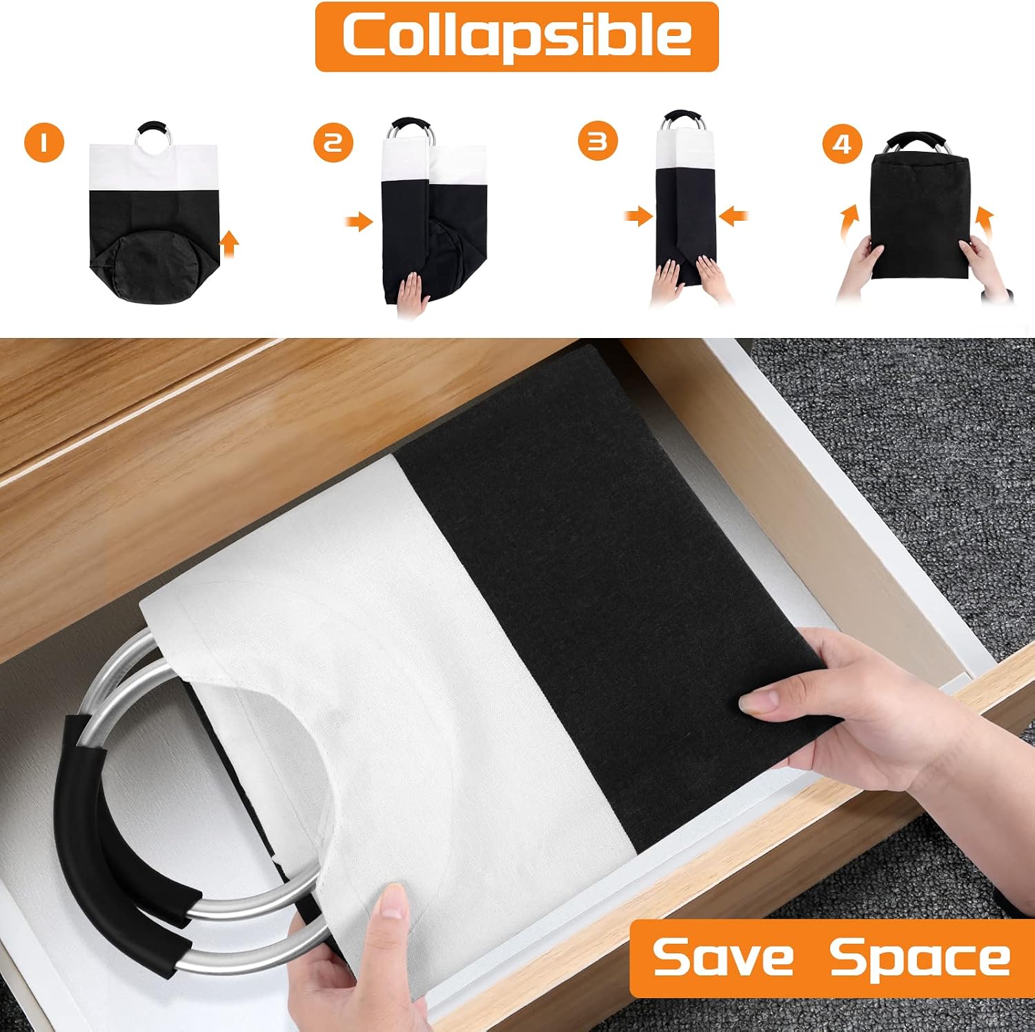 90L Laundry Basket, Freestanding Collapsible Hamper, Black | Collapsible Dirty Clothes Hamper, Foldable Laundry Bag