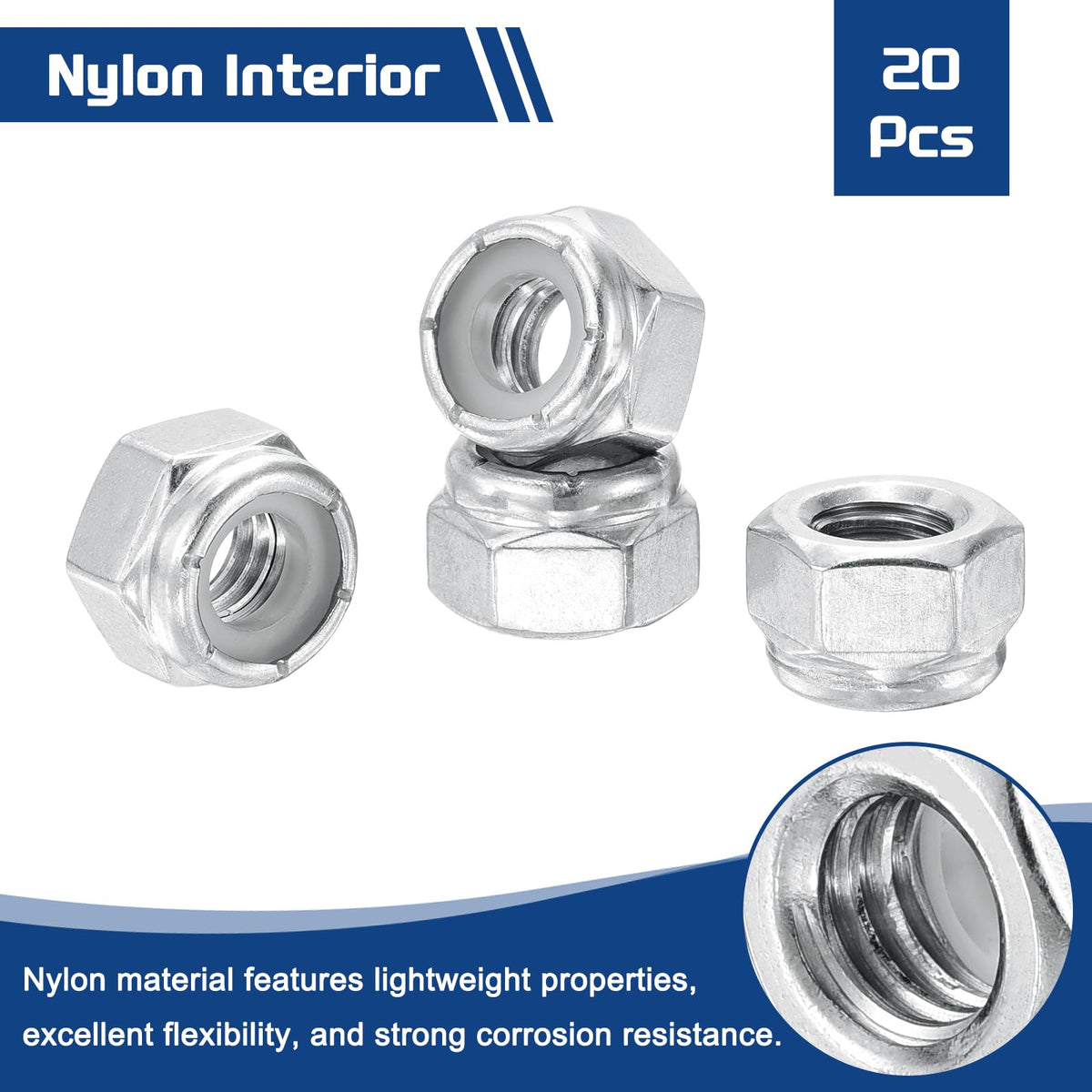 Kozelo 20Pcs 5/16"-18 Nylon Locking Hex Nuts 316 StainlessSteel Silver