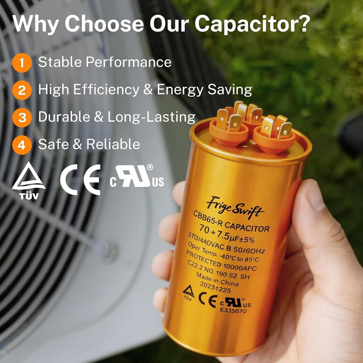 70+7.5 uF ±5% 370/440 VAC CBB65 Round Dual Run Capacitor 10-Pack