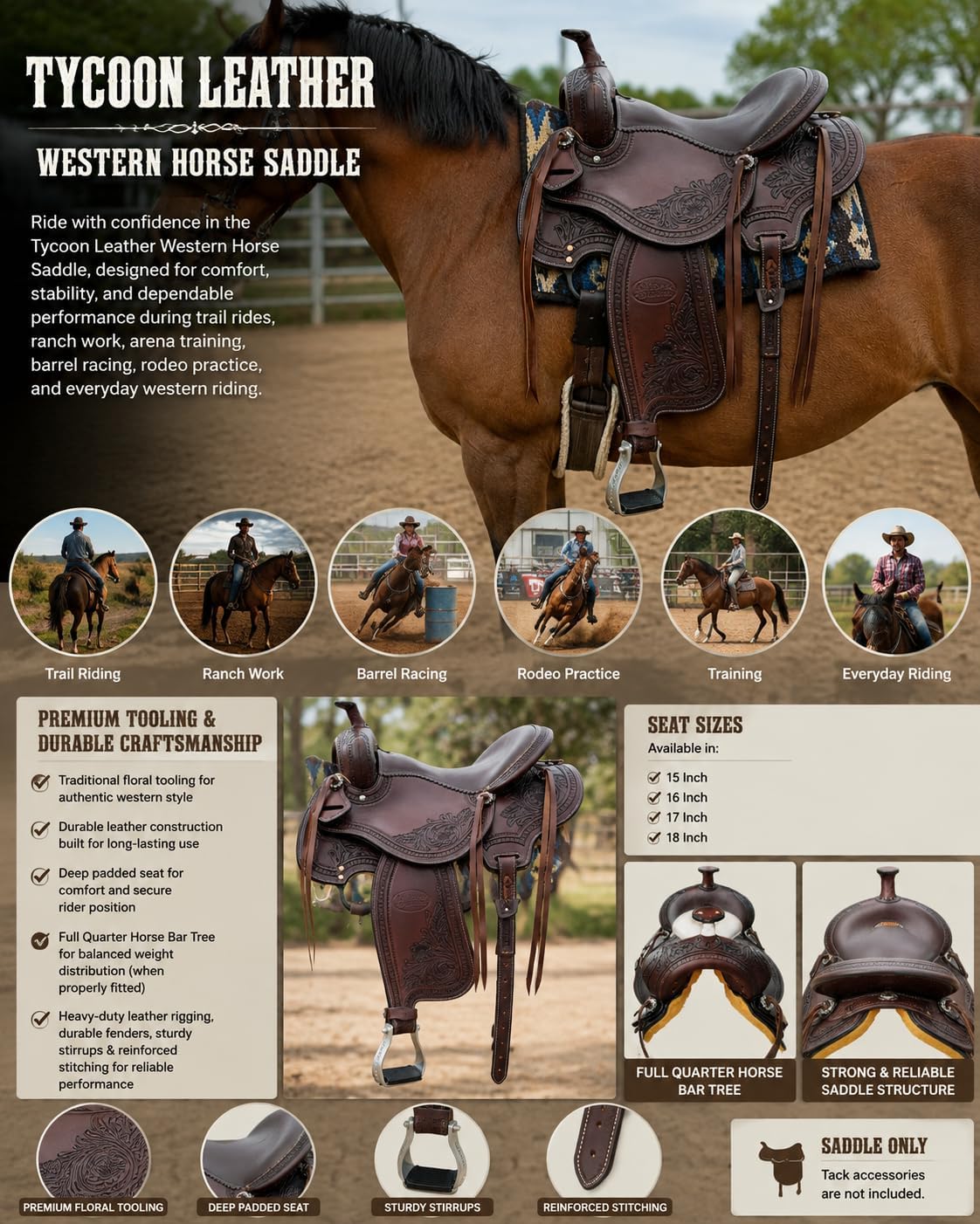 Western Horse Saddle, Premium Tooling Cowboy Saddle for Trail Riding, Ranch, Barrel Racing, Rodeo & Training, 15 16