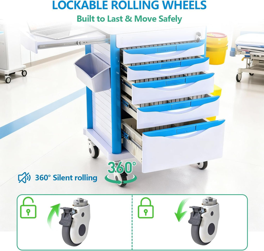 Medical Rolling Storage Crash Cart with Wheels & Drawers, Mobile Medical Cart with 5-Drawer, Medical Rolling Cart for