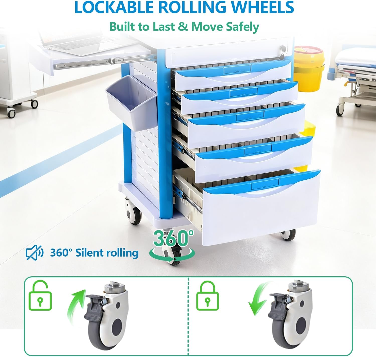 Medical Rolling Storage Crash Cart with Wheels & Drawers, Mobile Medical Cart with 5-Drawer, Medical Rolling Cart for