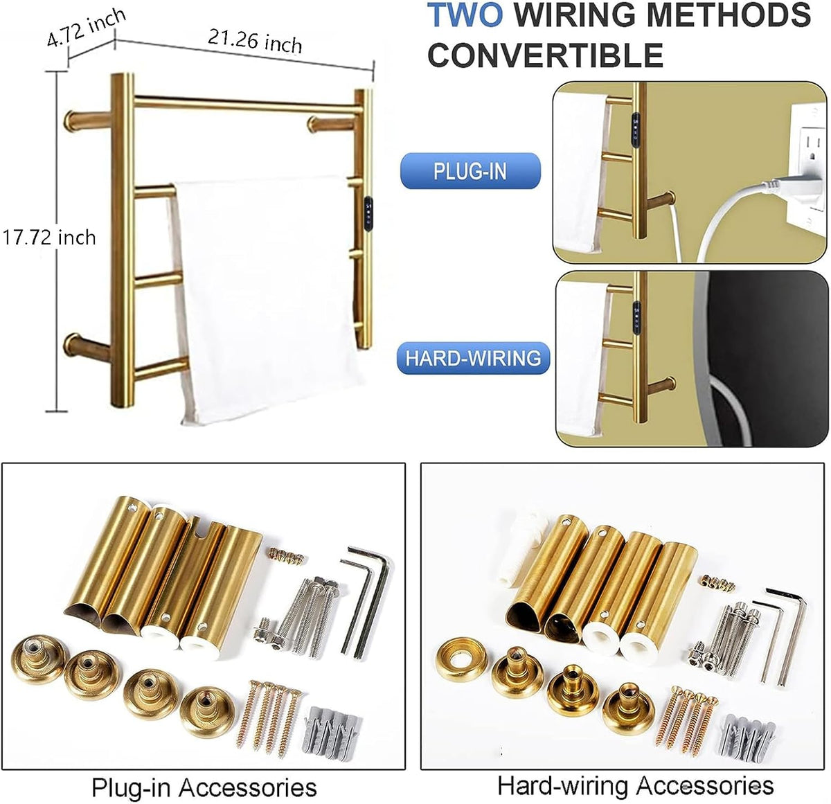 Heated Towel Rack Gold, 4 Bars Towel Warmer Rack for Bathroom Wall Mounted, Timer & Temperature Control Electric
