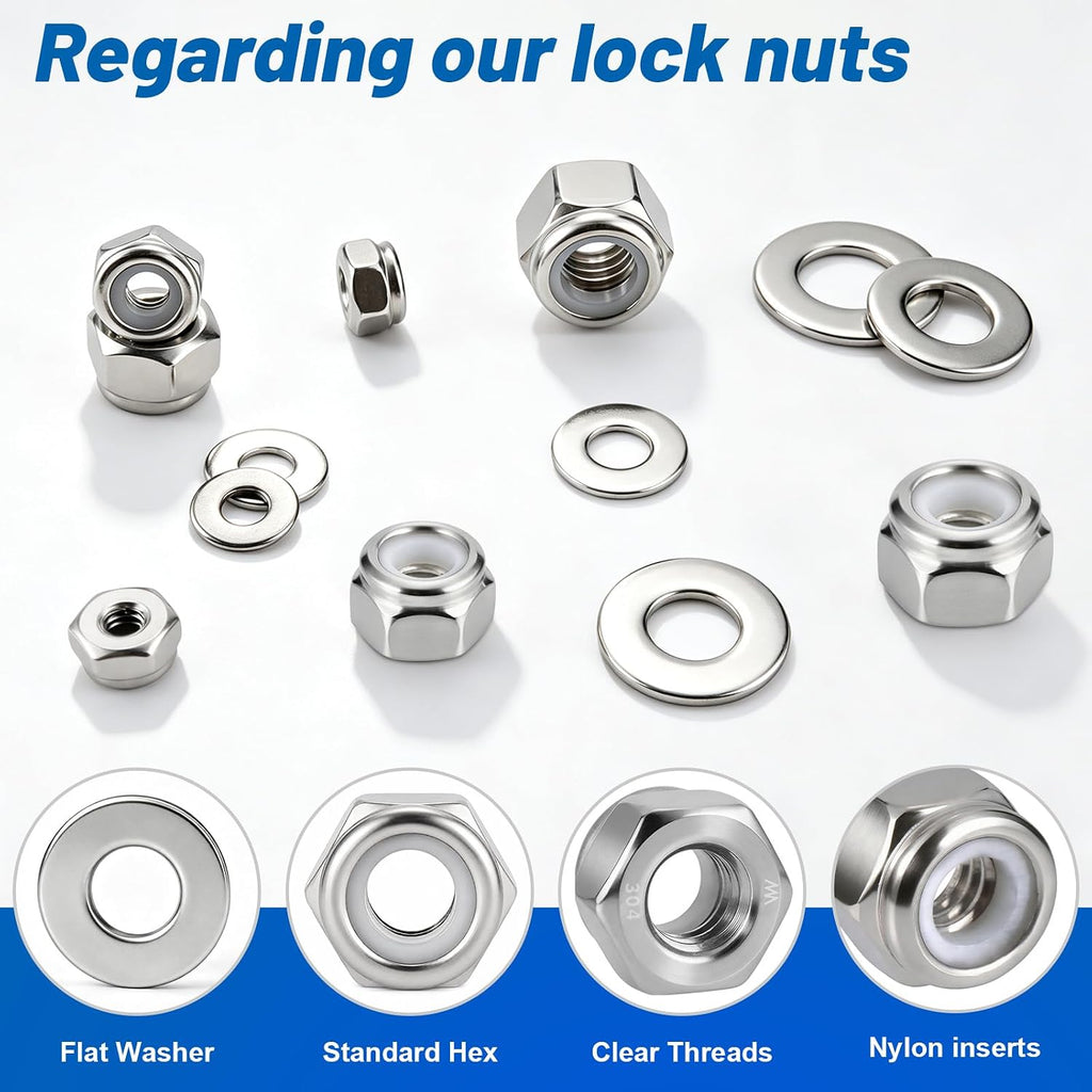 SAE Lock Nut Flat Washer Kit 330Pcs 304 Stainless Nylon Insert Locknut
