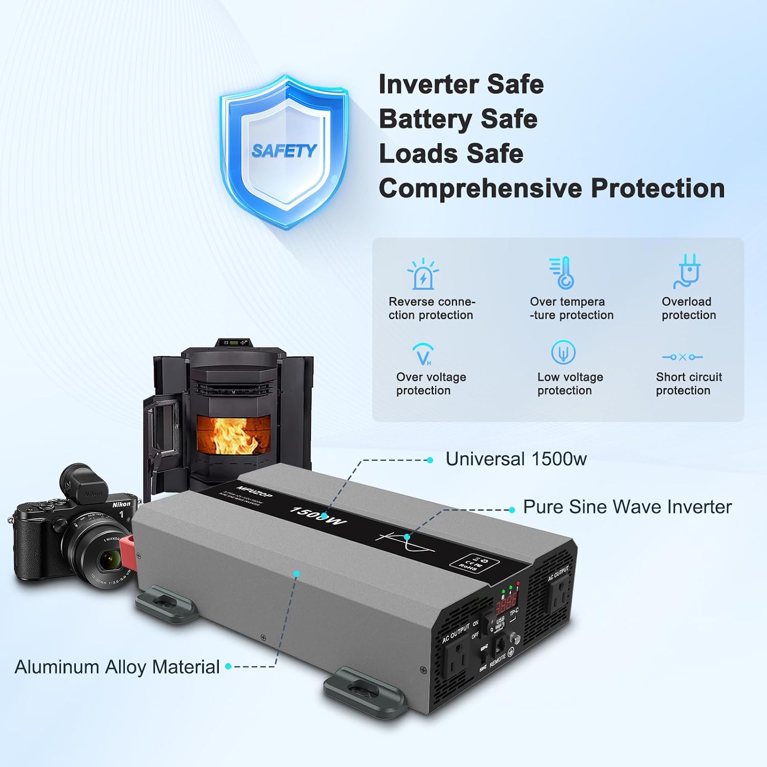 Pure Sine Wave Inverter 1500W Power 12V DC to 110V 120V AC Converter 3000W Peak Power Inverter with Dual AC Outlets