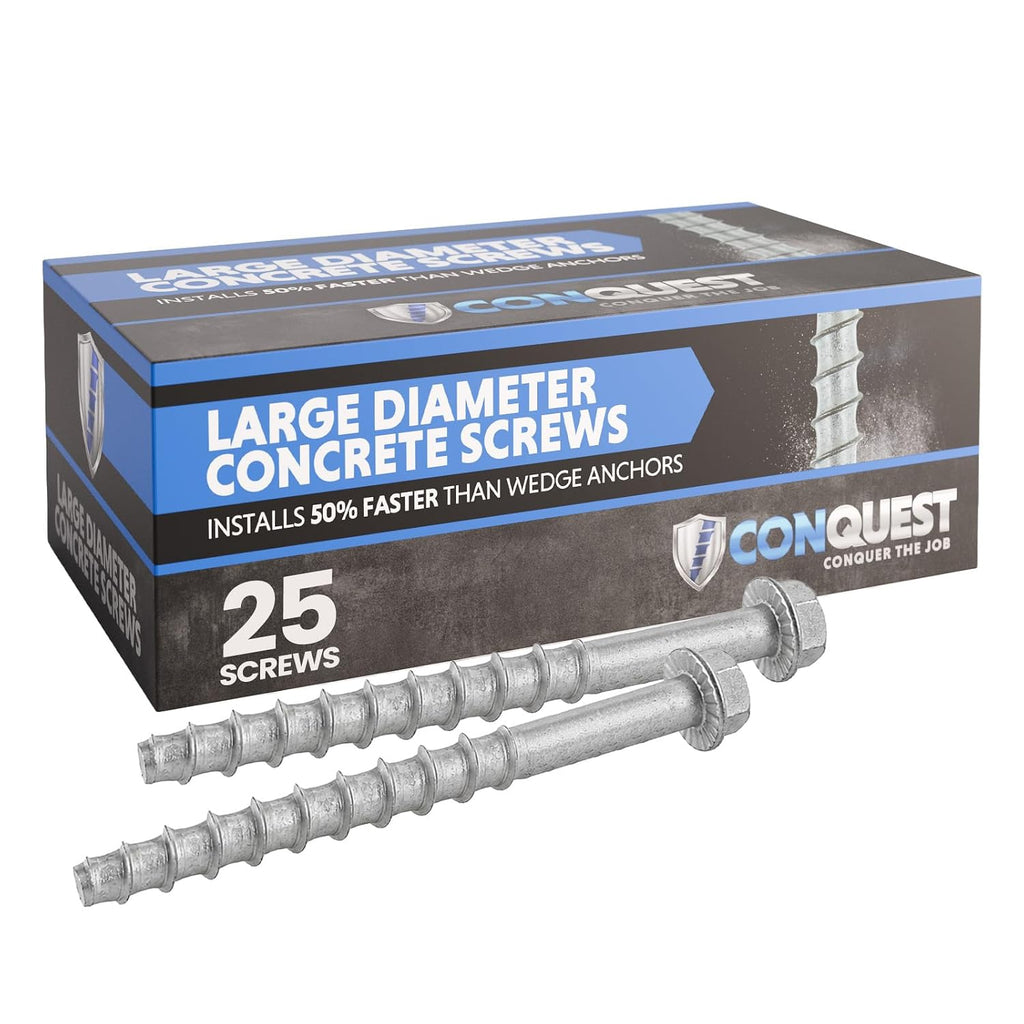 Conquest 3/8” x 6” Galvanized Large Diameter Concrete Screws (50-Pack), High-Strength Carbon Steel Concrete Anchor