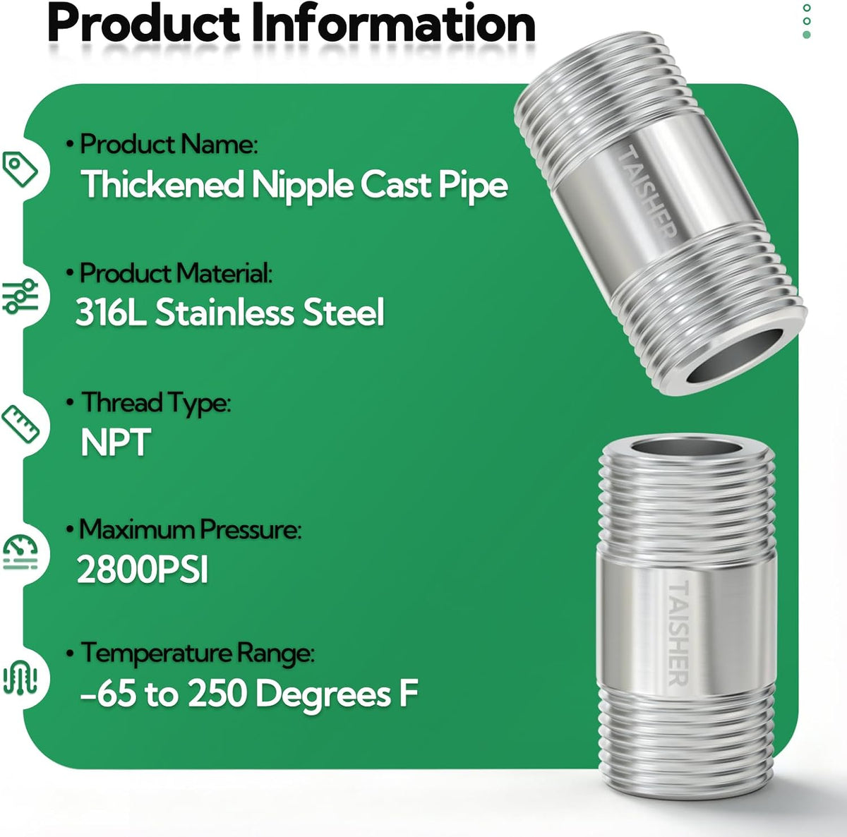 TAISHER 2Pcs 316 Thickened Nipple Cast Pipe,3/4" NPT Male, 2" Length