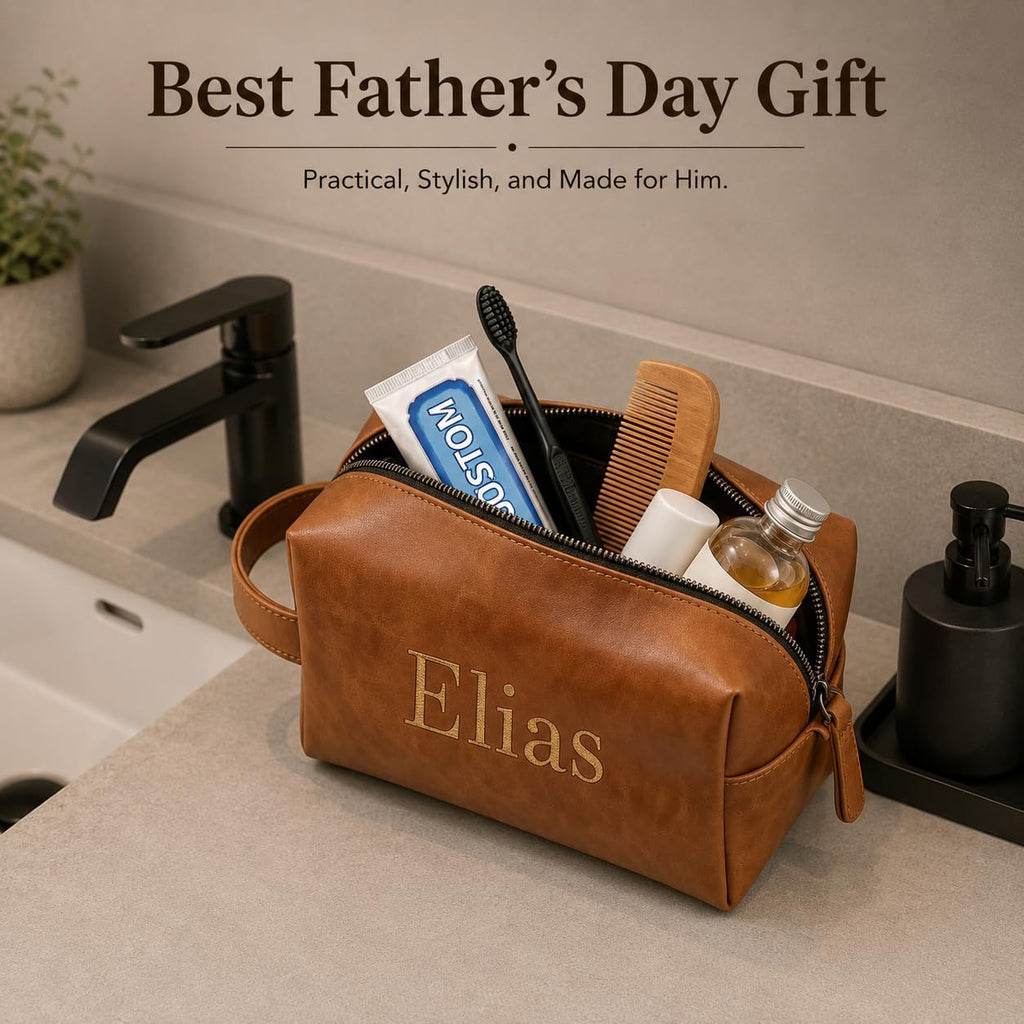 Custom Leather Toiletry Bag for Men Personalized Embroidered Dopp Kit Customize Name Travel Bag Gifts for Husband Dad