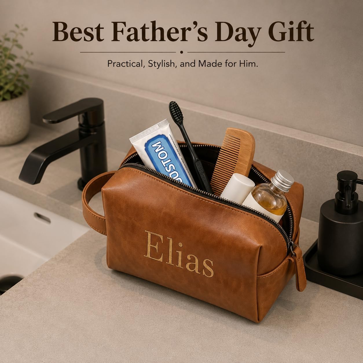 Custom Leather Toiletry Bag for Men Personalized Embroidered Dopp Kit Customize Name Travel Bag Gifts for Husband Dad