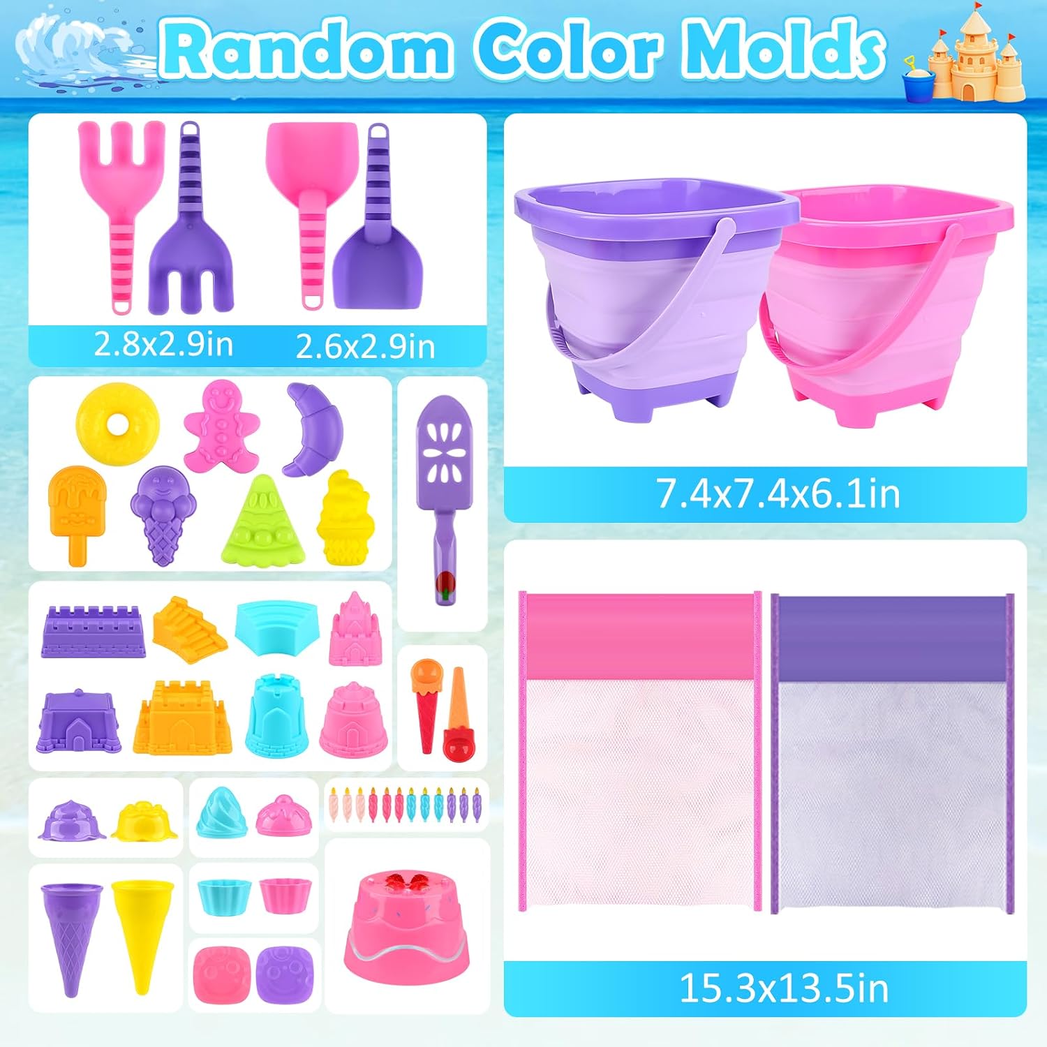 Beach Toys for Kids, 2 Collapsible Sand Bucket and Ice Cream Travel Toys | Collapsible Sand Bucket and Shovels Set