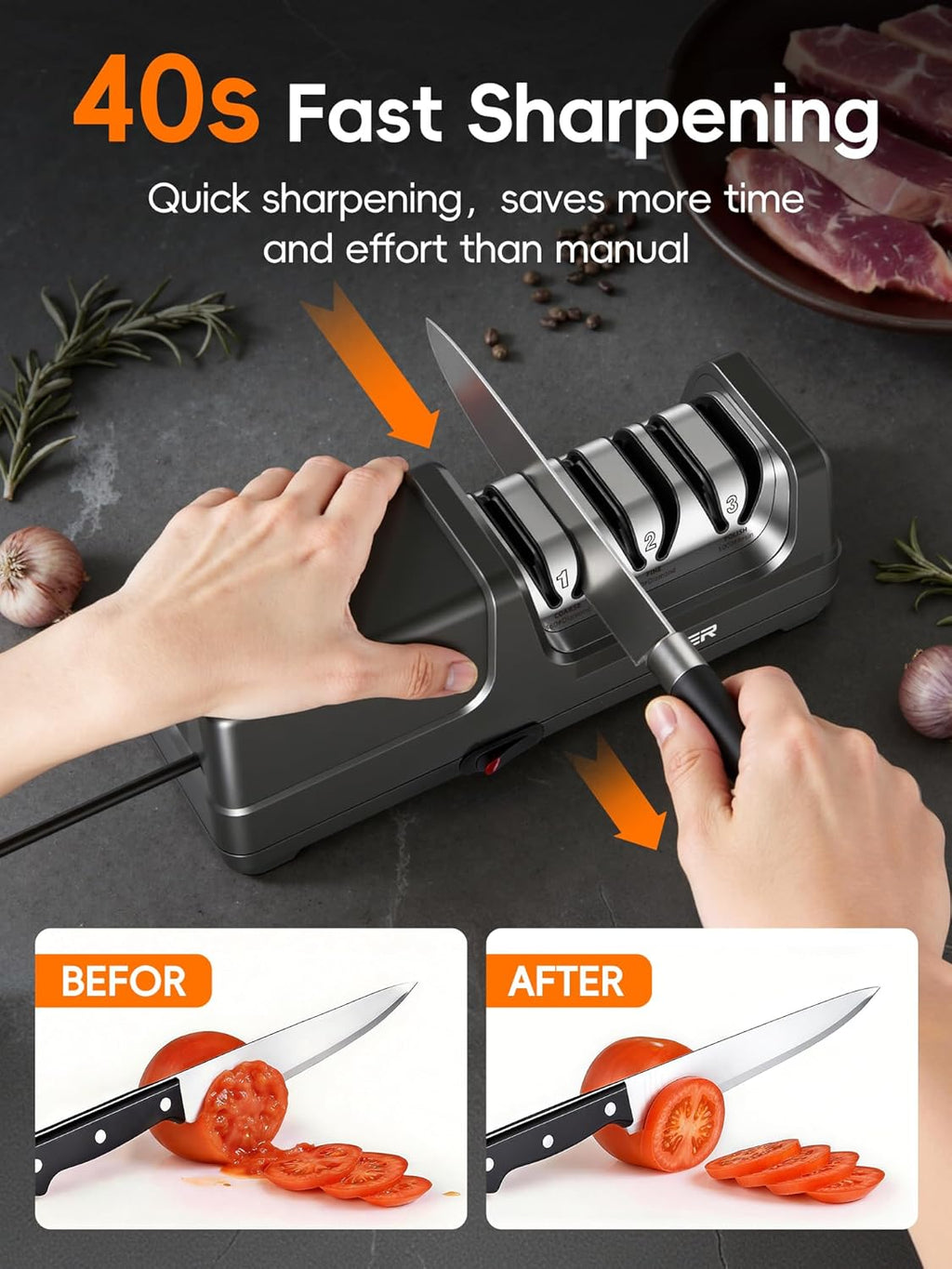Electric Knife Sharpener, 3-Stage Diamond Knife Sharpener for Kitchen Knives 20-Degree Angle, 40S Quick Sharpening &