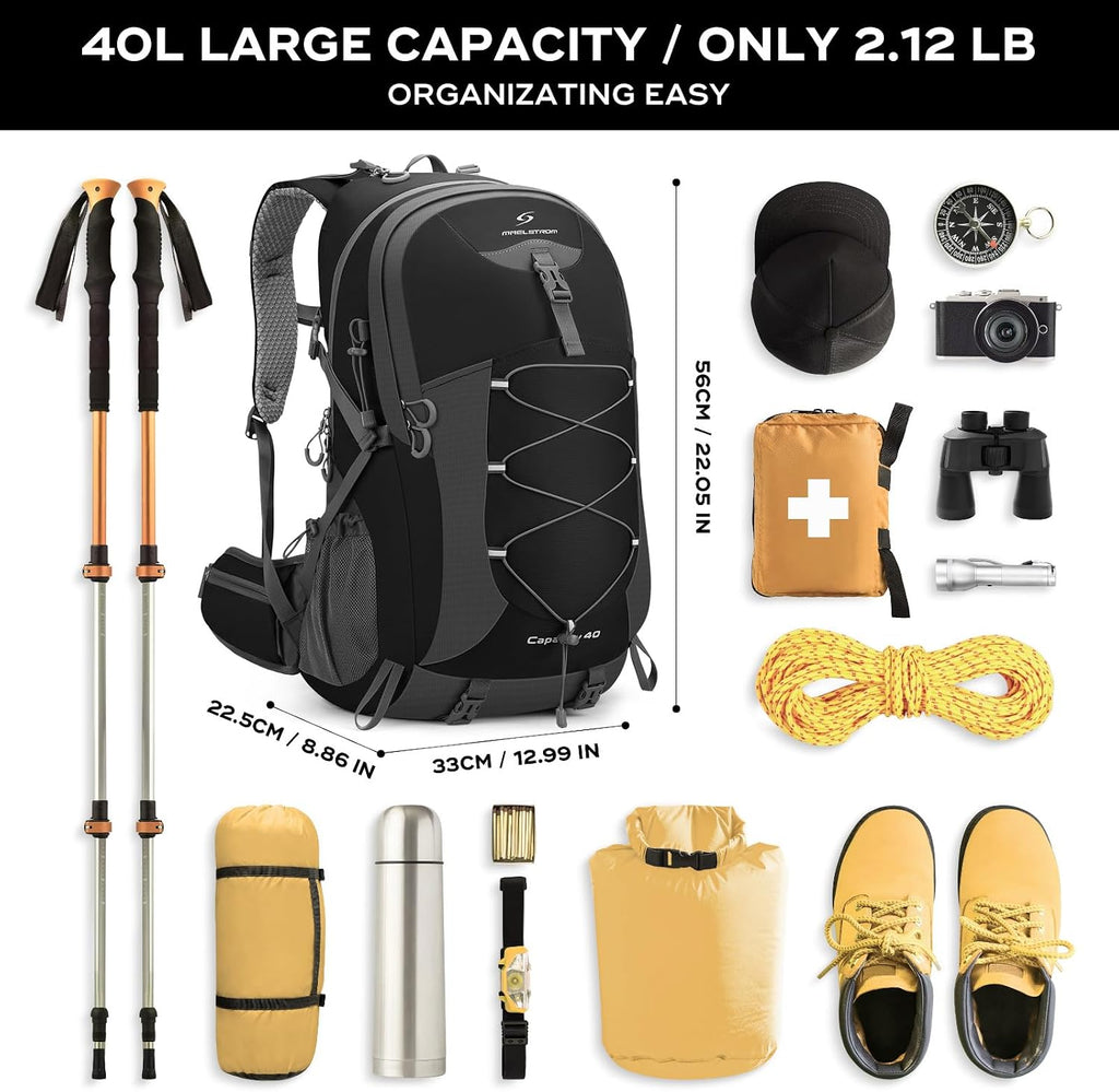 40L Hiking Backpack, Lightweight Camping Daypack with Rain Cover | Water-Resistant Rip-Stop Nylon, Wet/Dry