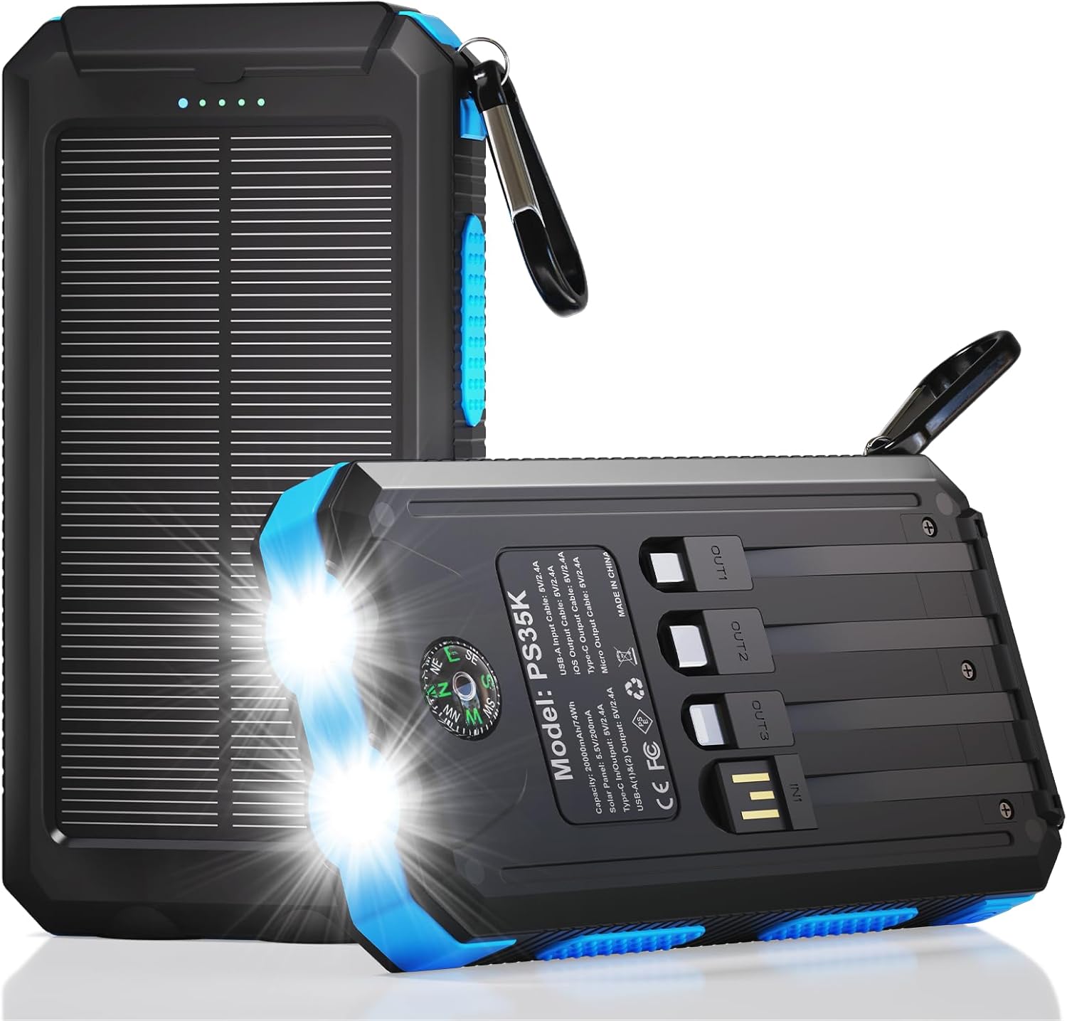 Solar Charger Power Bank 20,000mAh, Portable Charger, 4 Cables 3 Ports Fast Charging External Battery Pack with USB C
