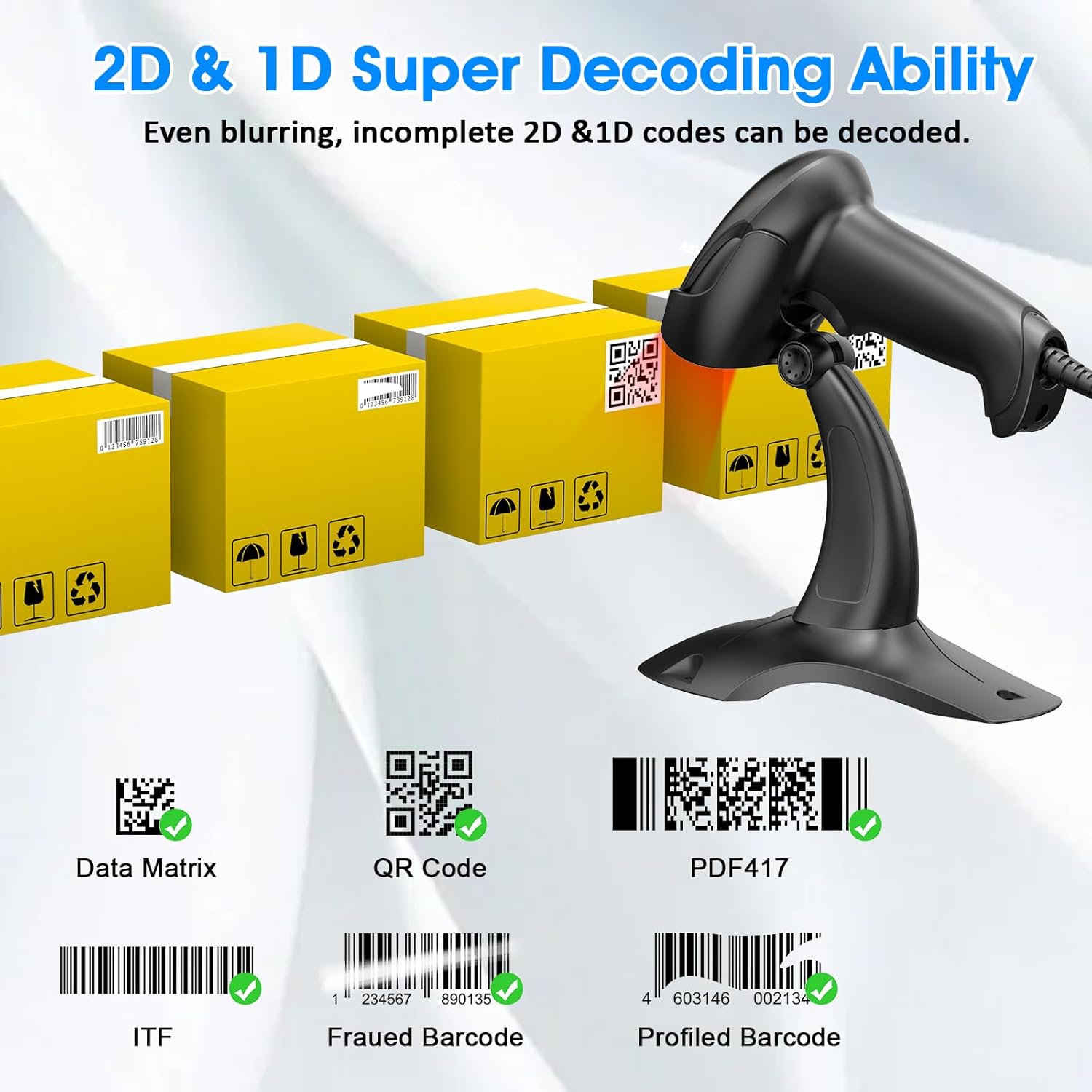 Barcode Scanner with Stand USB Wired Inventory 2D 1D QR Code Scanner with Automatic Hands-Free Scanning Barcode