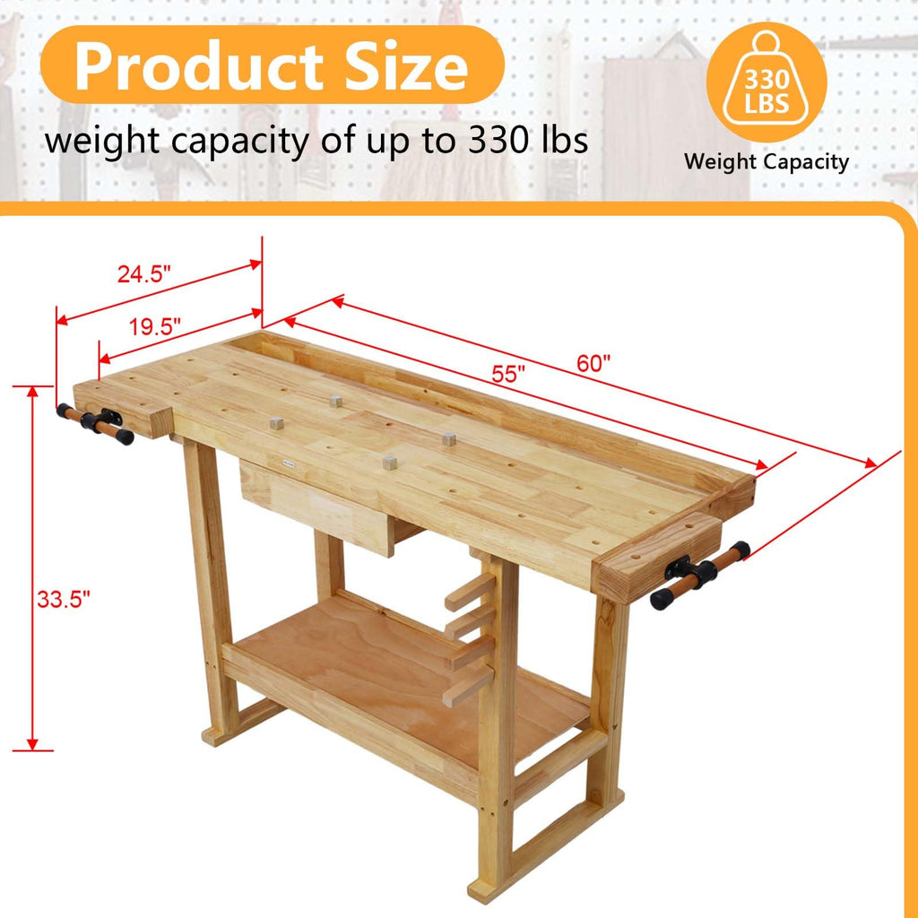 55" Rubber Wood Workbench with Drawer& Shelf, 330 lbs Weight Capacity