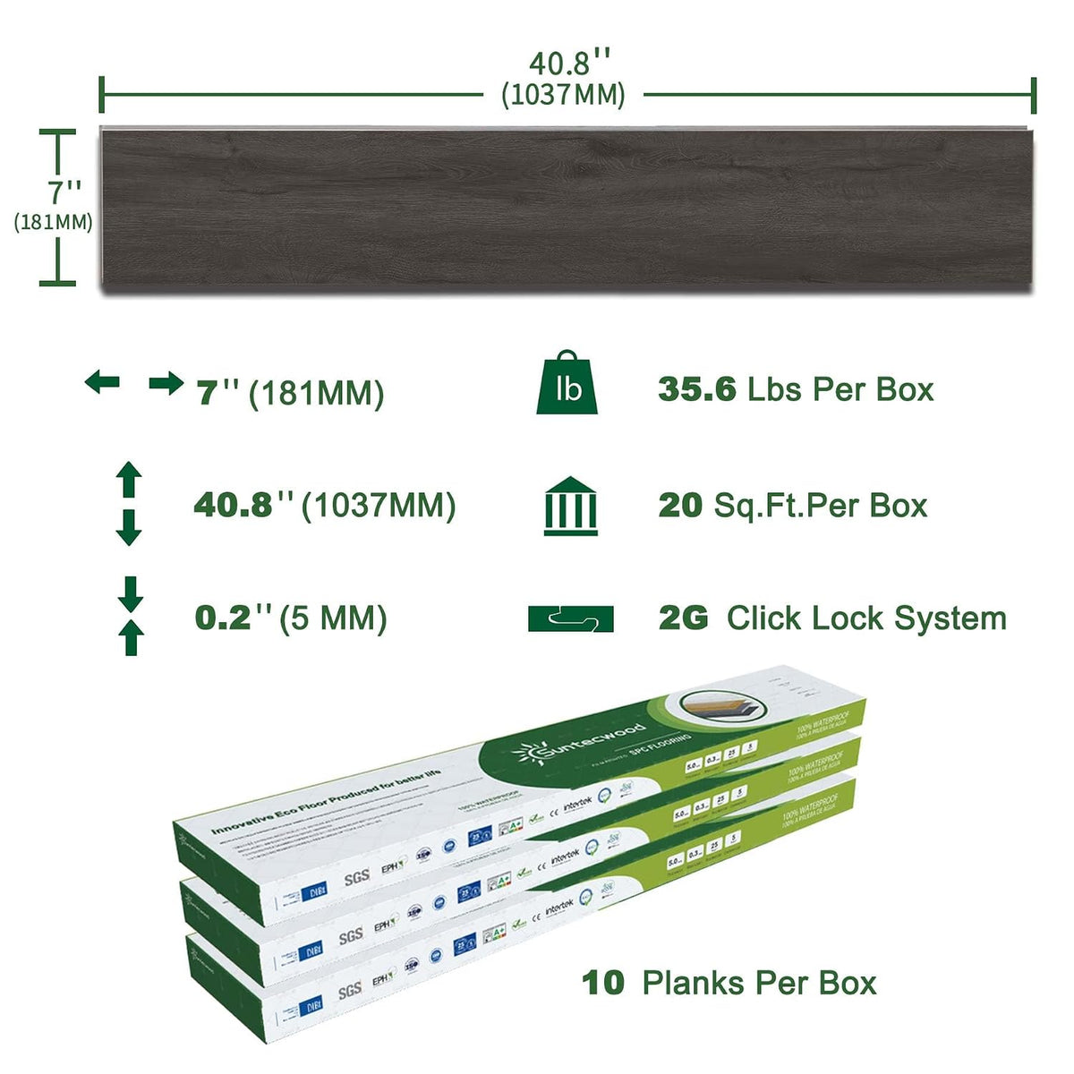Click Lock SPC Luxury Vinyl Flooring Plank | 5mm Thick | 40.8 x 7 Inch | Wood Textured | Rigid Surface Hard Core |