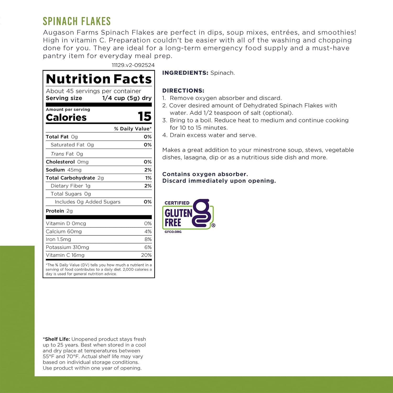Dehydrated Spinach Flakes Can | Emergency Food Supply, 45 Servings, 25 Year Shelf Life, 15 Calories per Serving