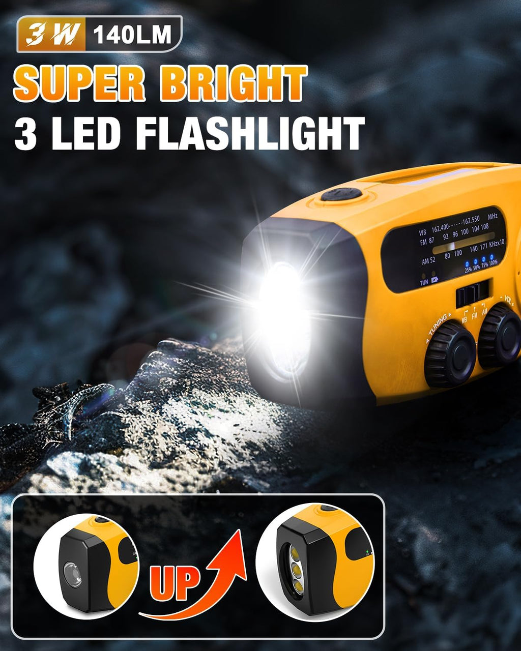 Hand Crank Radio with AM/FM/NOAA Weather Bands,for Emergencies, Camping | 3 LED Flashlights,SOS Function,Solar