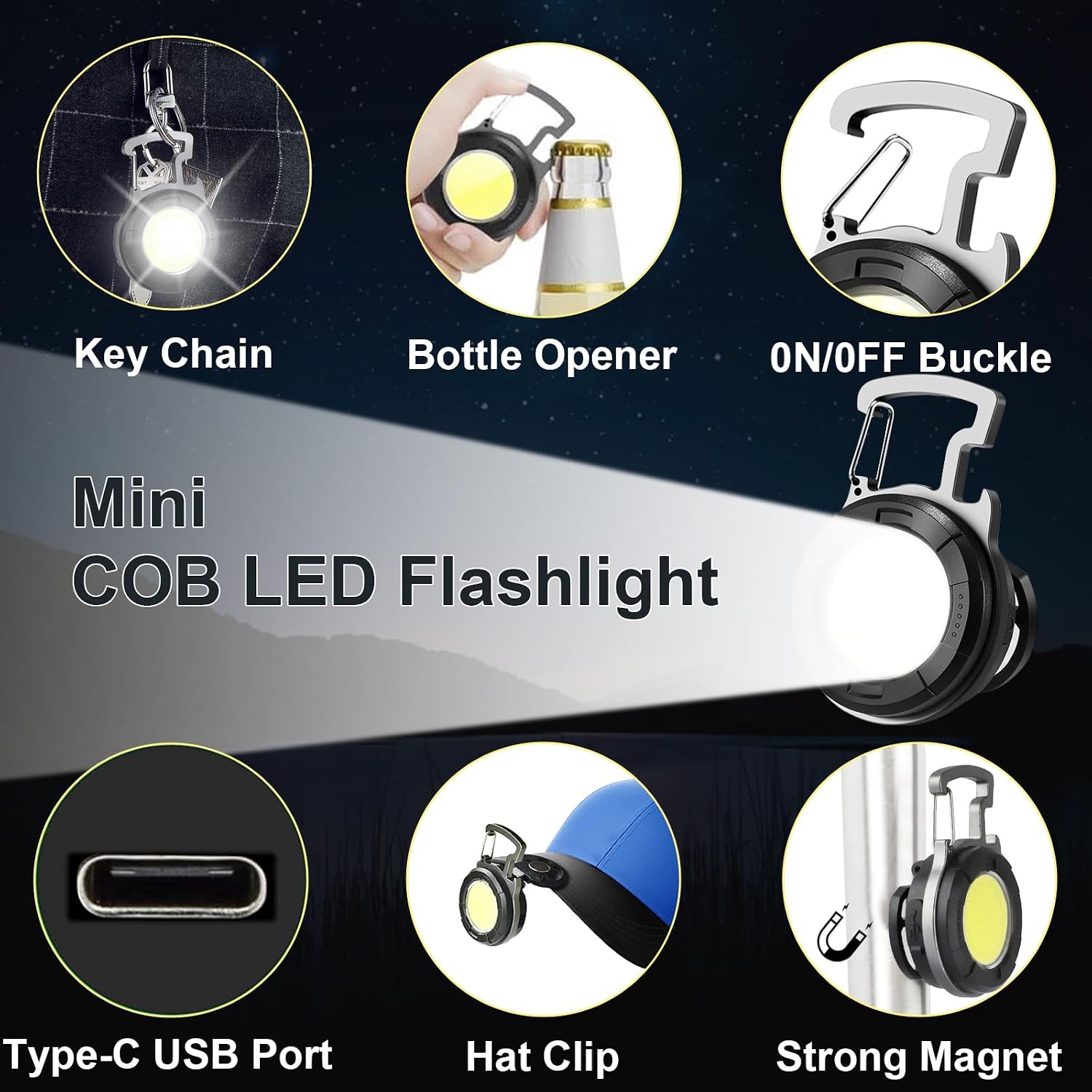 Keychain Flashlight 2 Pack, 1000 Lumens EDC Flashlight COB Work Light, Bottle Opener Keychain Mini Pocket Flashlight