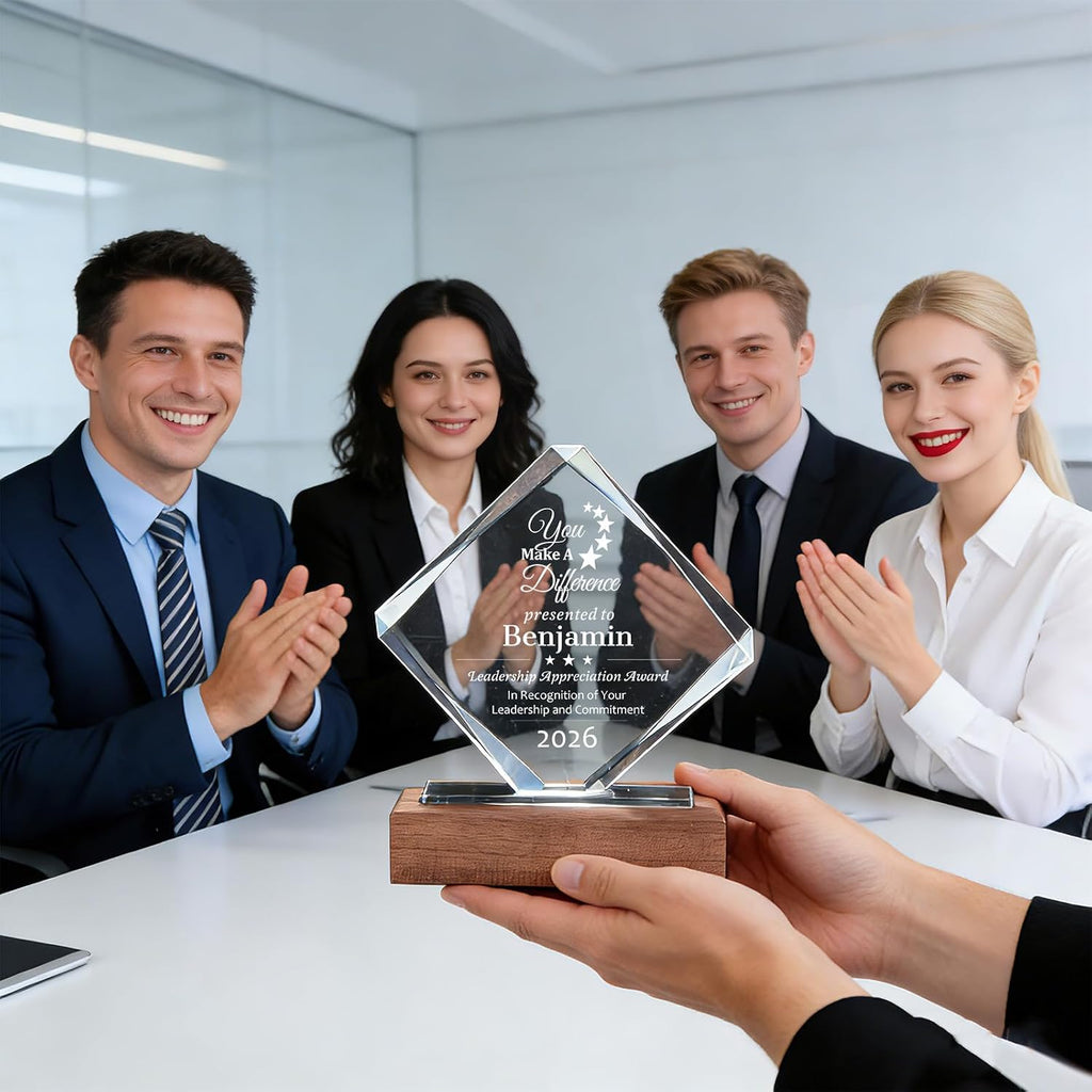 SHIP NEXT DAY, Personalized Crystal Award Trophy - Custom with Company Logo Text & Employee Name, Engraved Award for