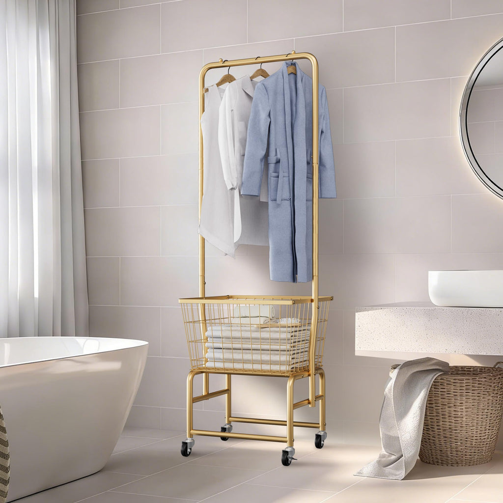 Rolling Laundry Cart with Wheels, Laundry Hamper Basket Organizer with Clothes Hanging Rack, Wire Storage Cloth Shelf